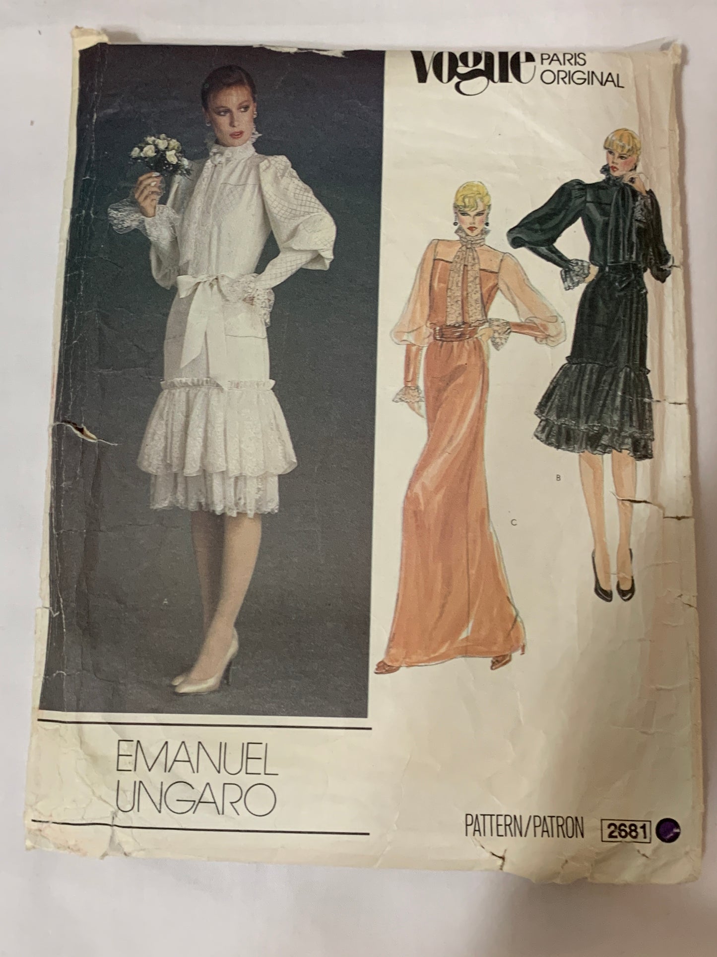 Vogue Emanuel Ungaro Sewing Pattern 2681 Misses' Dress, Tie, Loose-Fitting, Shoulder Pads, Ruffles, Size 12, Cut, Vintage 1985