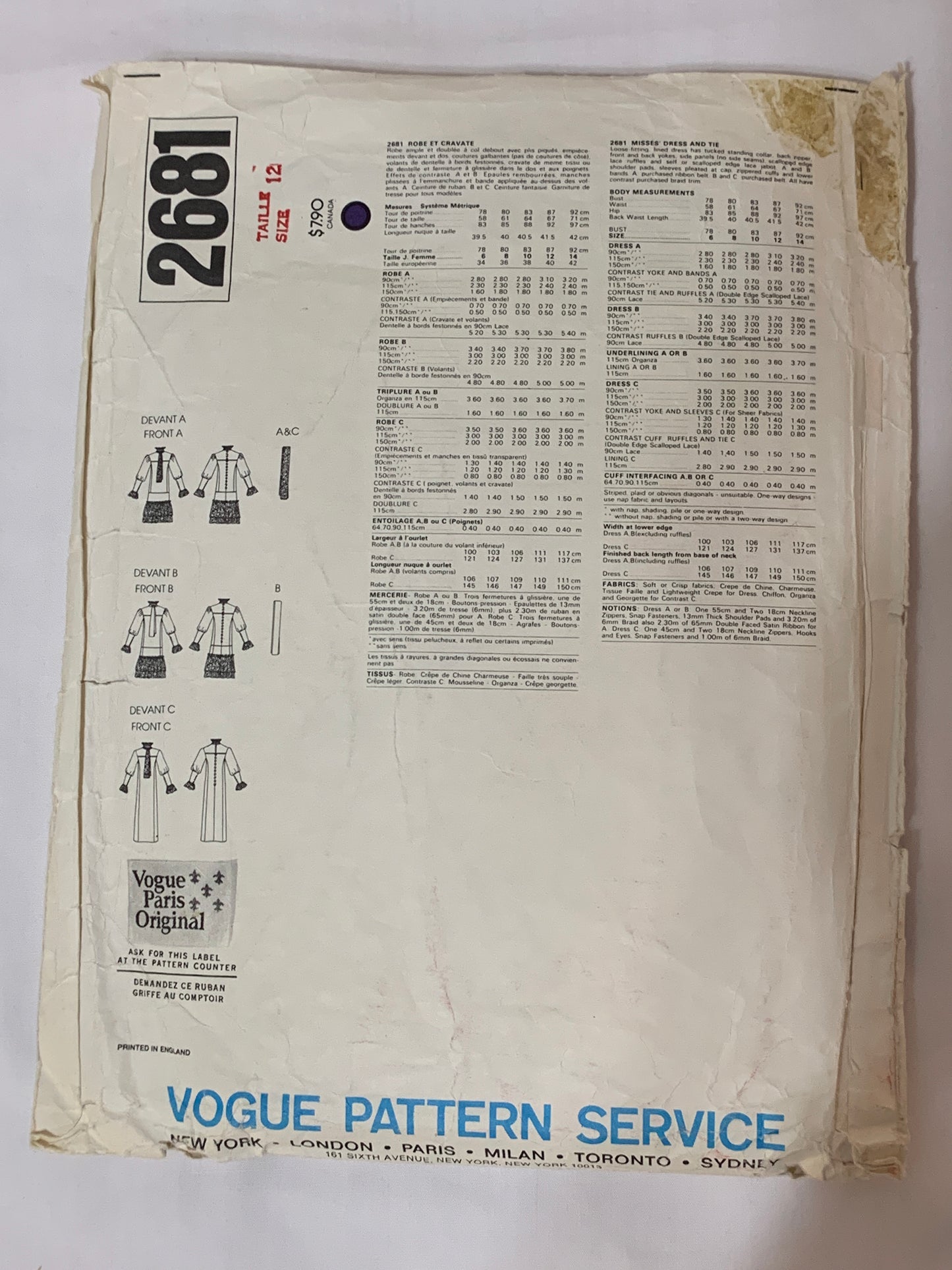 Vogue Emanuel Ungaro Sewing Pattern 2681 Misses' Dress, Tie, Loose-Fitting, Shoulder Pads, Ruffles, Size 12, Cut, Vintage 1985