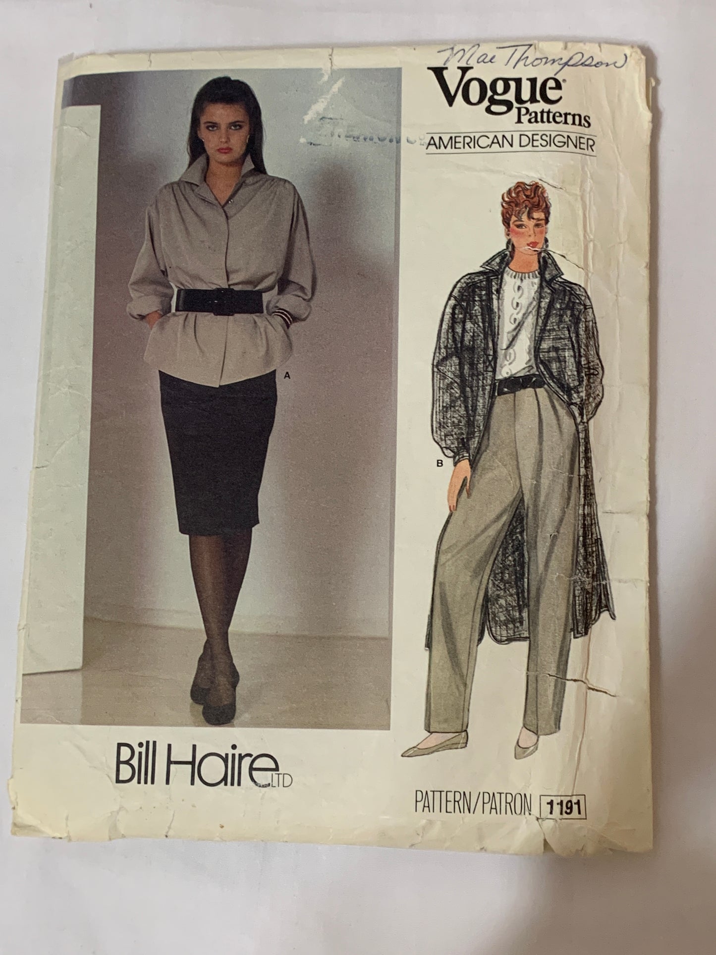 Vogue Bill Haire Sewing Pattern 1191 Misses' Jacket, Pants, Skirt, Loose-Fitting, Unlined, Zipper Front, Pockets, Size 12, Cut, Vintage 1987