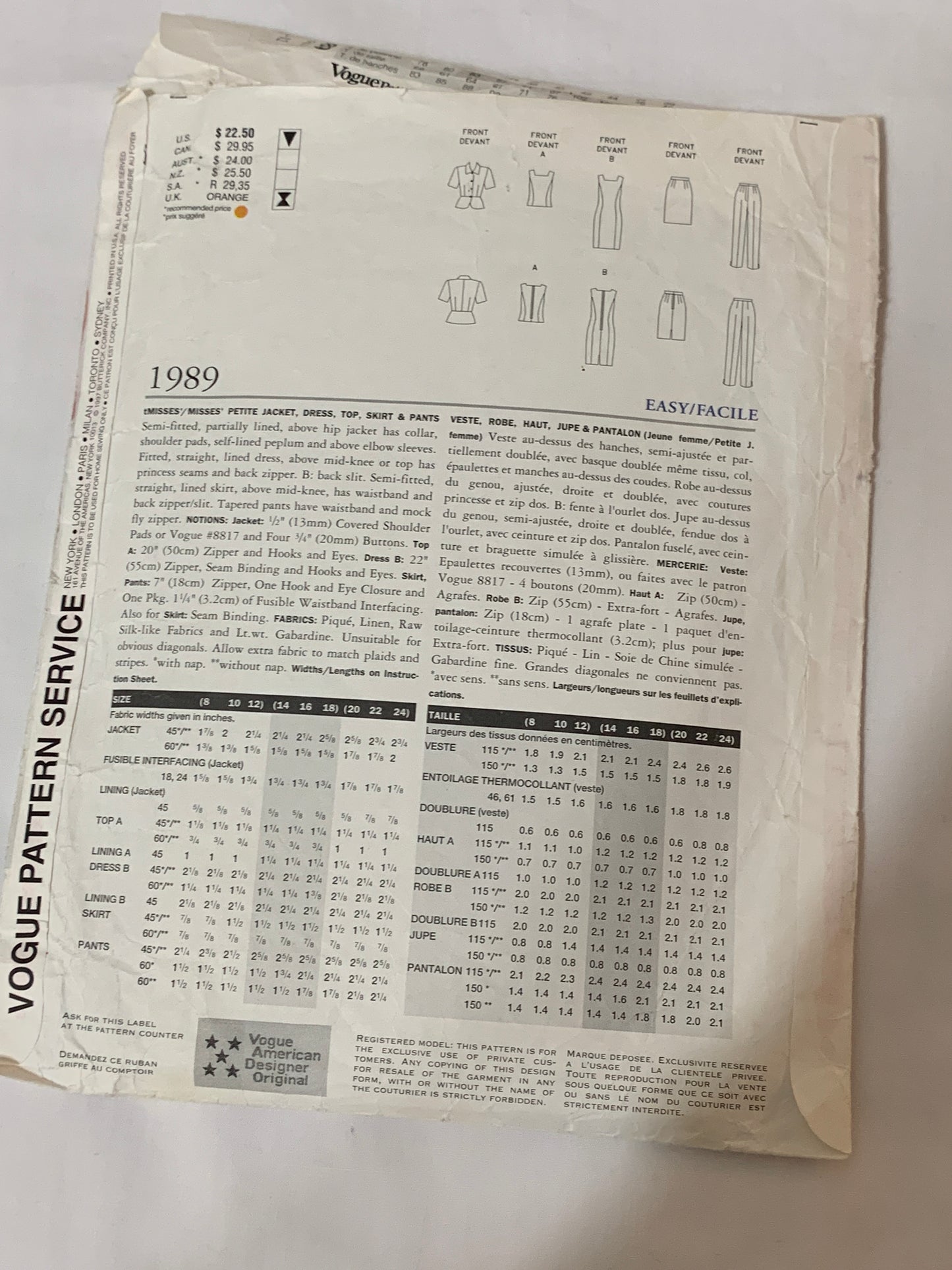 Vogue Tamotsu Sewing Pattern 1989 Misses'/Misses' Petite Jacket, Top, Skirt, Dress, Pants, Shoulder Pads, Zipper Back, Semi-Fitted, Size 8-12, Cut, Vintage 1997