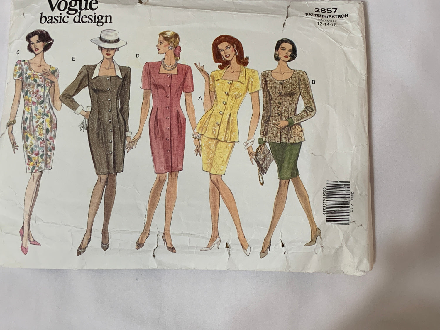 Vogue Sewing Pattern 2857 Misses' Top, Skirt, Dress, Shoulder Pads, Pleats, Fitted, Size 16, Cut, Vintage 1992