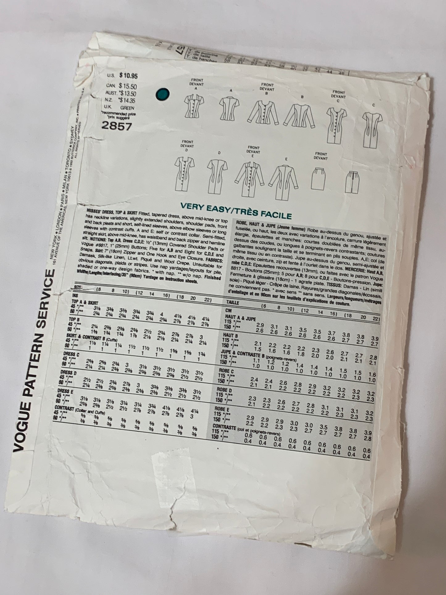 Vogue Sewing Pattern 2857 Misses' Top, Skirt, Dress, Shoulder Pads, Pleats, Fitted, Size 16, Cut, Vintage 1992