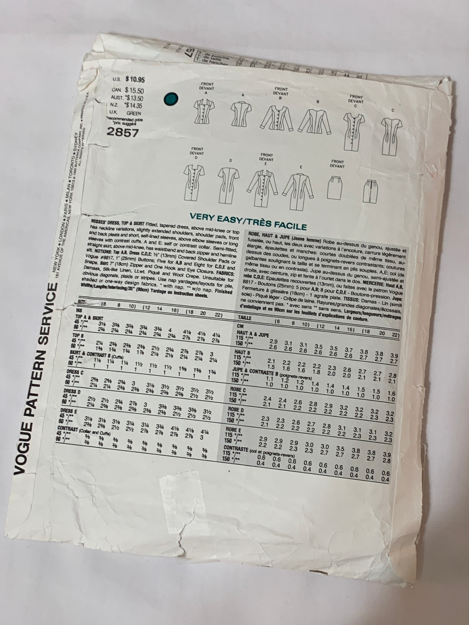 Vogue Sewing Pattern 2857 Misses' Top, Skirt, Dress, Shoulder Pads, Pleats, Fitted, Size 16, Cut, Vintage 1992