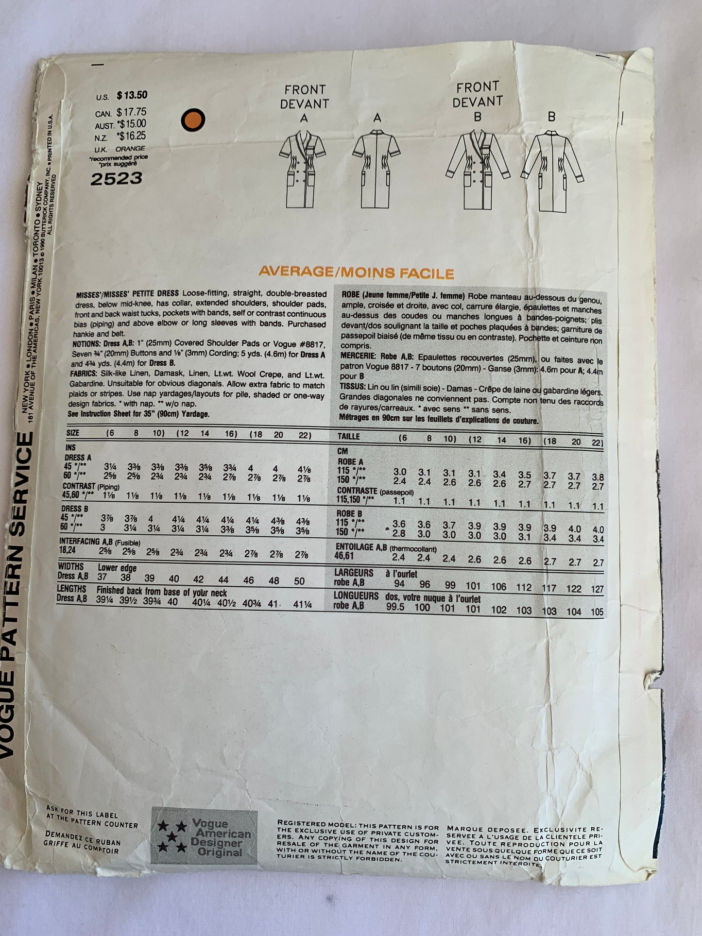 Vogue Anne Klein II Sewing Pattern 2523 Misses'/Misses' Petite Dress, Loose-Fitting, Button Front, Shoulder pads, Size 12, Cut, Vintage 1990