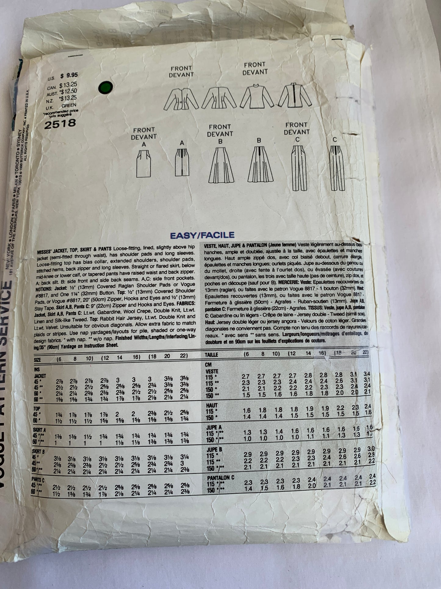 Vogue Sewing Pattern 2518 Misses' Jacket, Top, Pants, Skirt, Loose-Fitting, Zipper Back, Pockets, Size 12, Cut, Vintage 1990