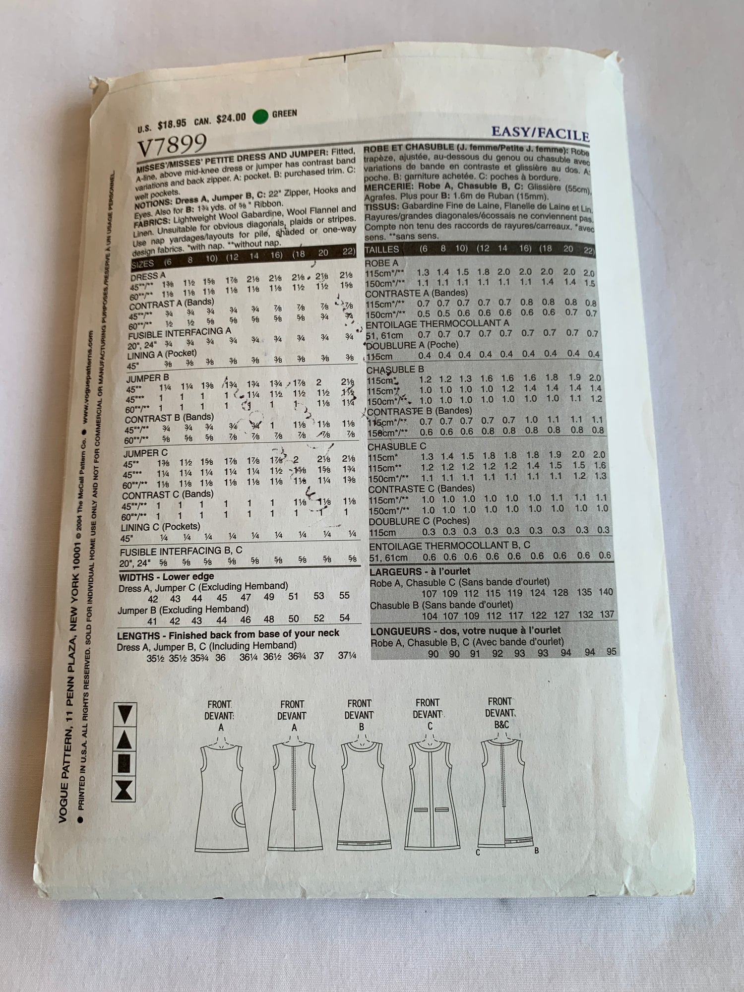 Vogue Sewing Pattern V7899 Misses'/Misses' Petite Dress, Jumper, Fitted, Pocket, Zipper Back, Size 12-16, Cut, 2004