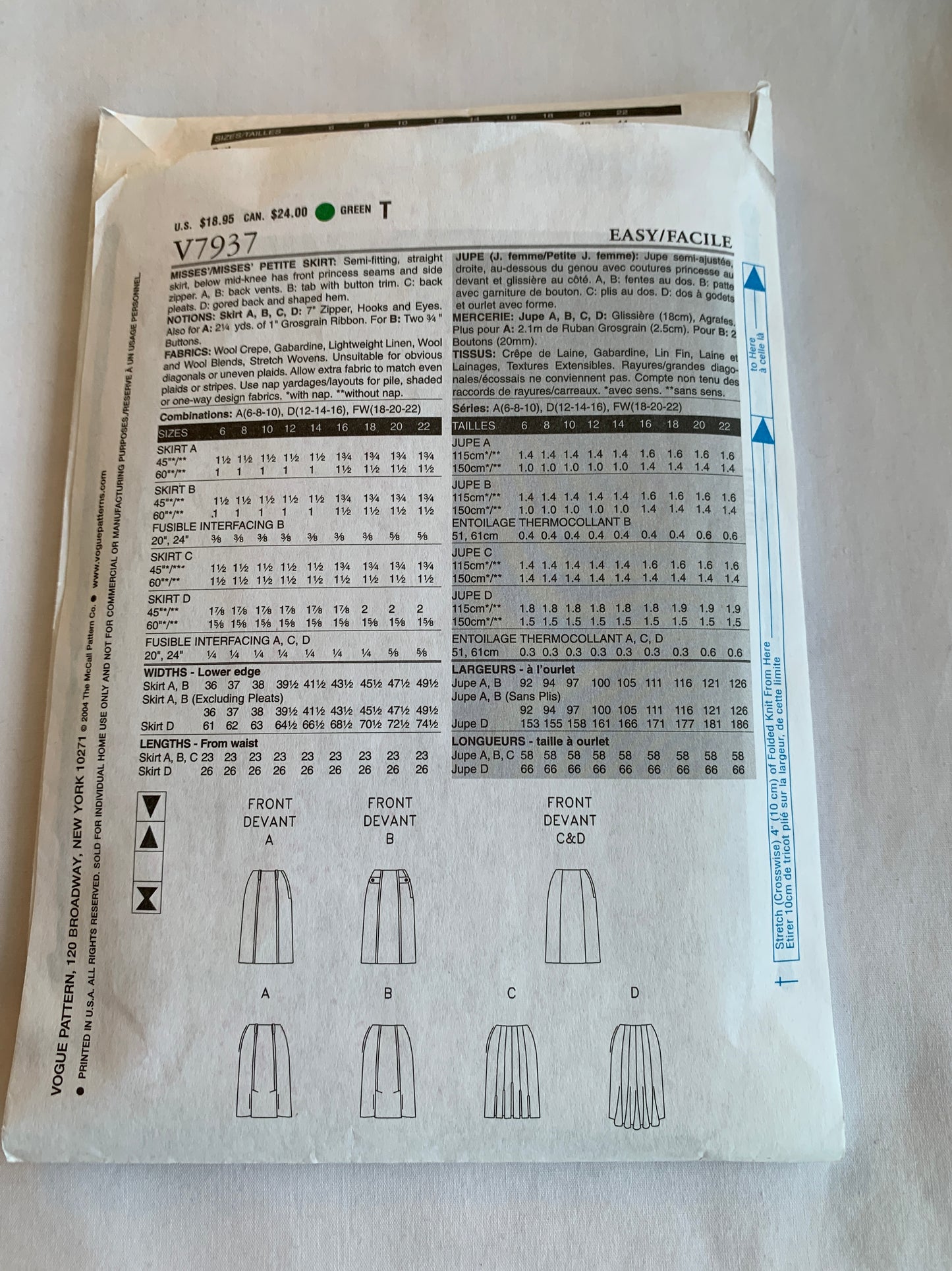 Vogue Sewing Pattern V7937 Misses'Misses' Petite Skirts, Three Lengths, Princess Seams, Side Zipper, Size 12-16, Cut,2004