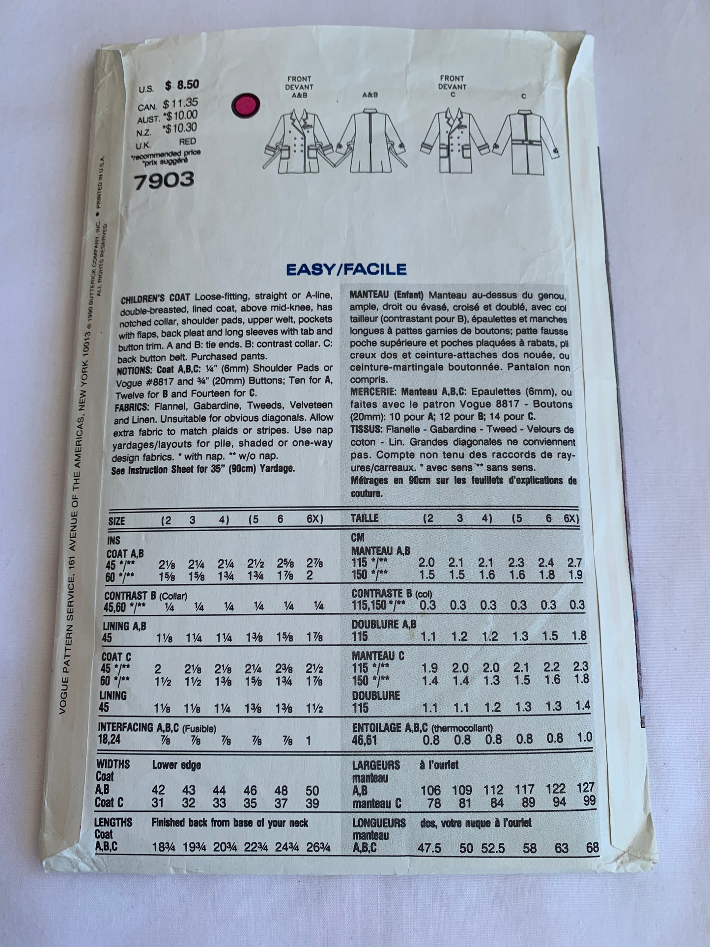 Vogue Sewing Pattern 7903 Children's Coat, Loose-Fitting, Shoulder Pads, Collar, Size 2-4, Uncut, Vintage 1990