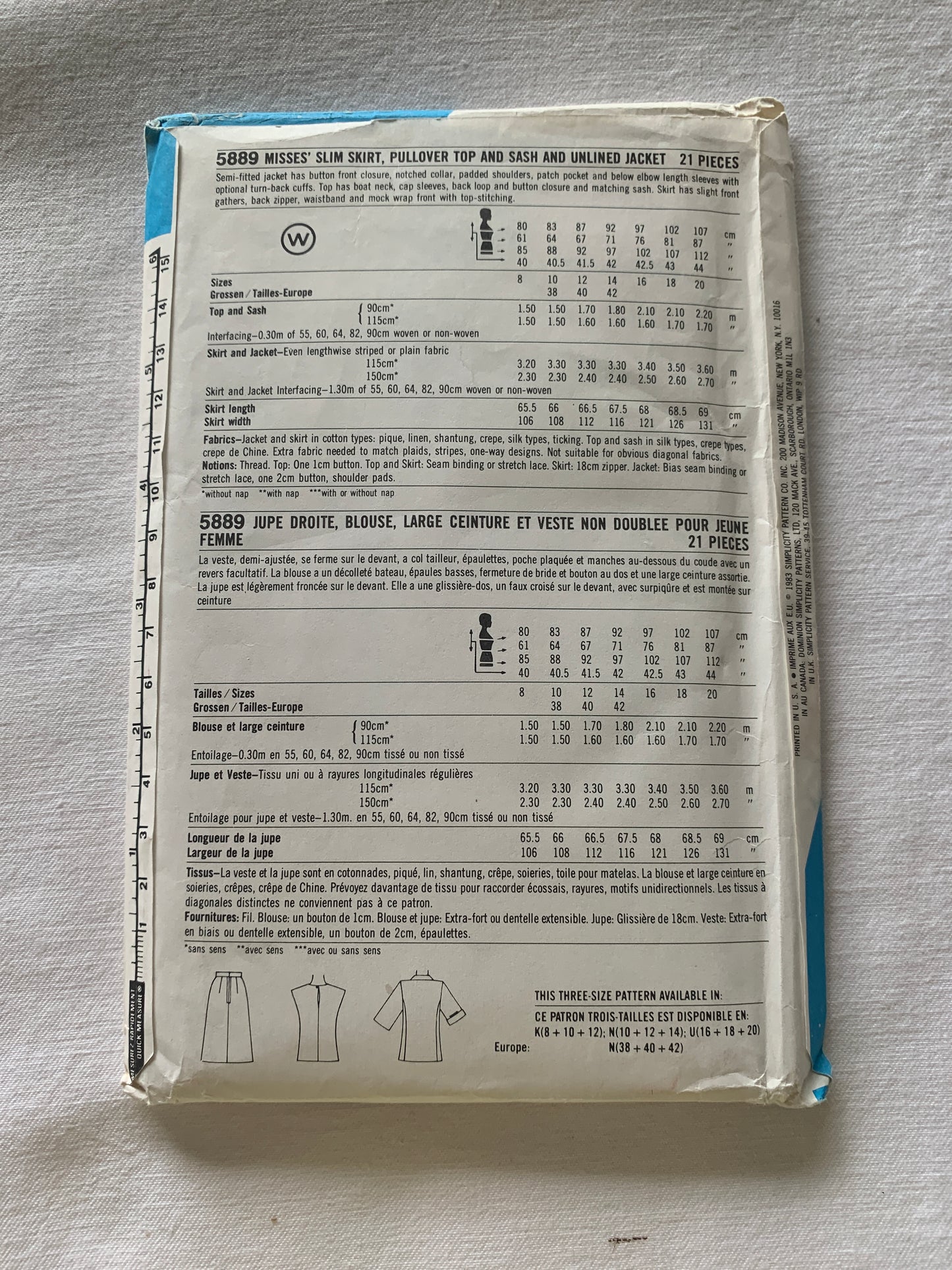 Simplicity Sewing Pattern 5889 Misses' Slim Skirt, Pullover Top, Loose-Fitting, Unlined Jacket, Sash, Zipper Back, Size 8-12, Uncut, Vintage 1983