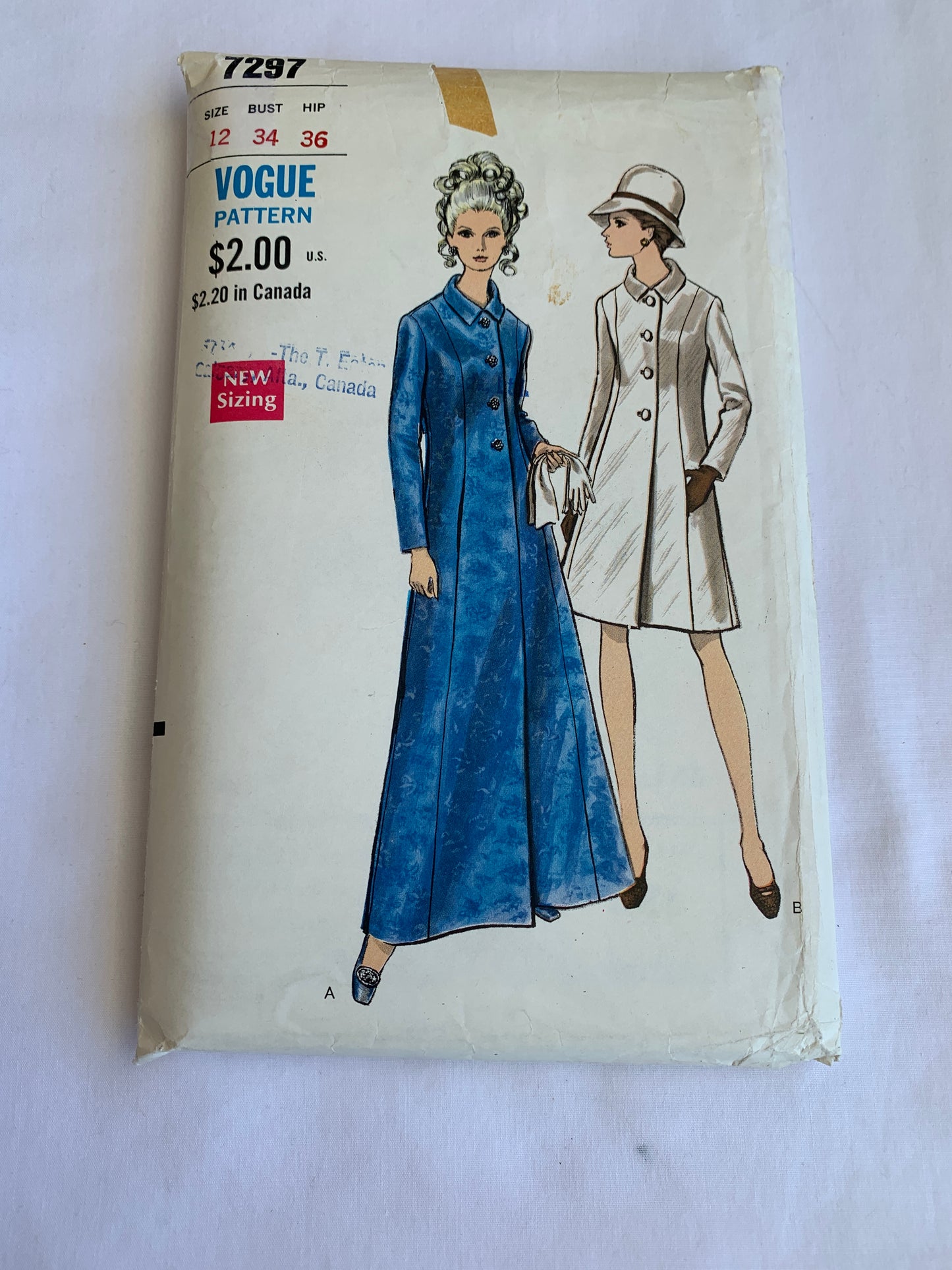 Vogue Sewing Pattern 7297 Misses' Coat, Semi-Fitted, Two Lengths, Pockets, Button Front, Collar, Size 12, Uncut, Vintage 1960