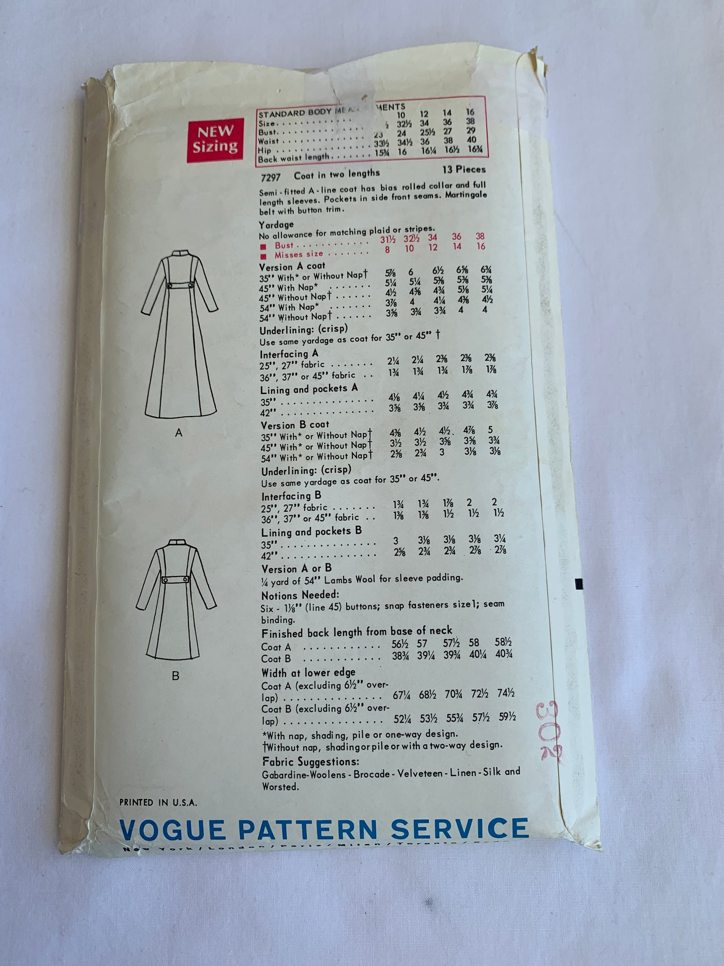 Vogue Sewing Pattern 7297 Misses' Coat, Semi-Fitted, Two Lengths, Pockets, Button Front, Collar, Size 12, Uncut, Vintage 1960