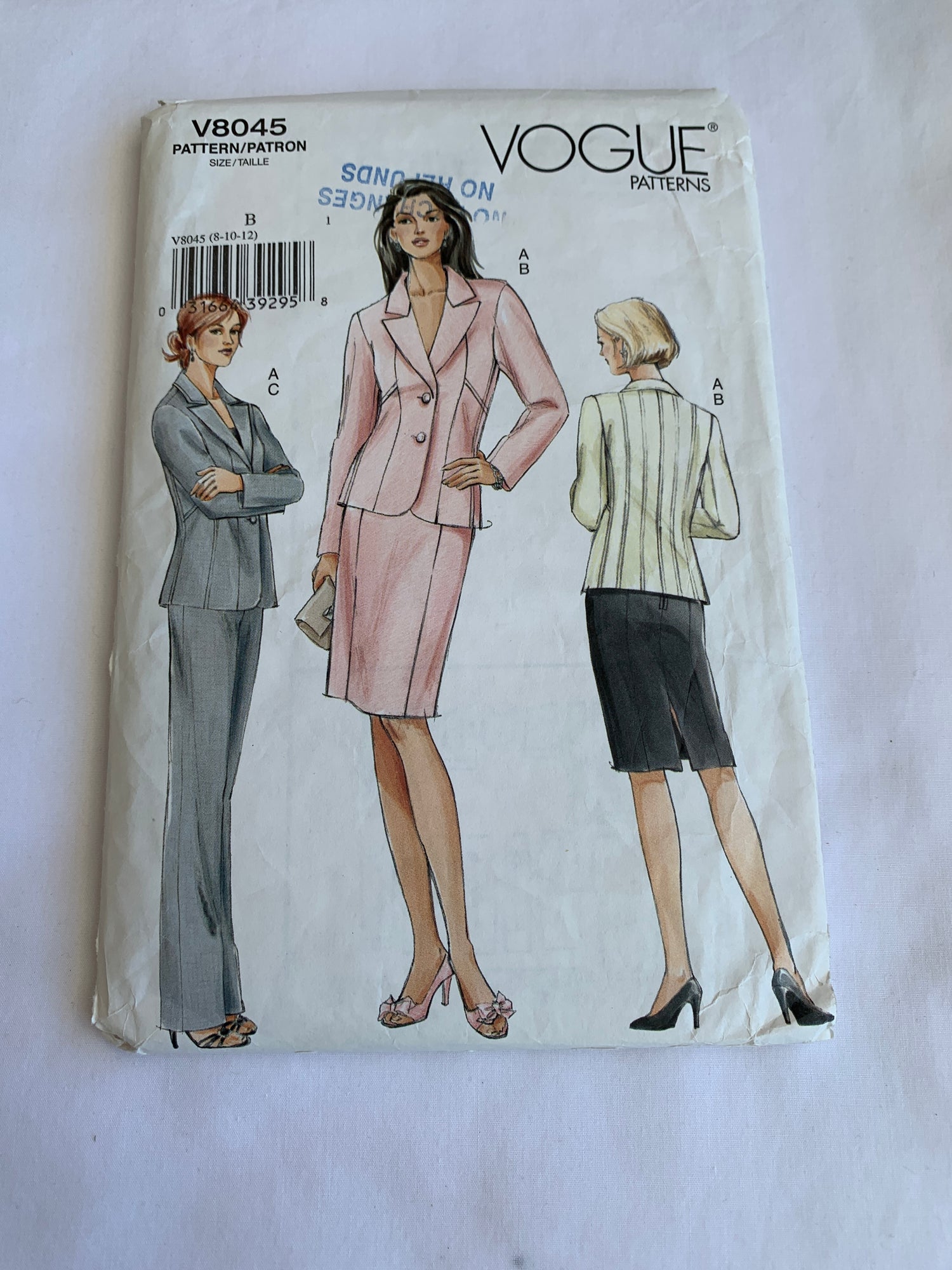 Vogue Sewing Pattern V8045 Misses' Lined Jacket, Skirt, Pants, Shoulder Pads, Zipper Back, Size 8-12, Uncut, 2005