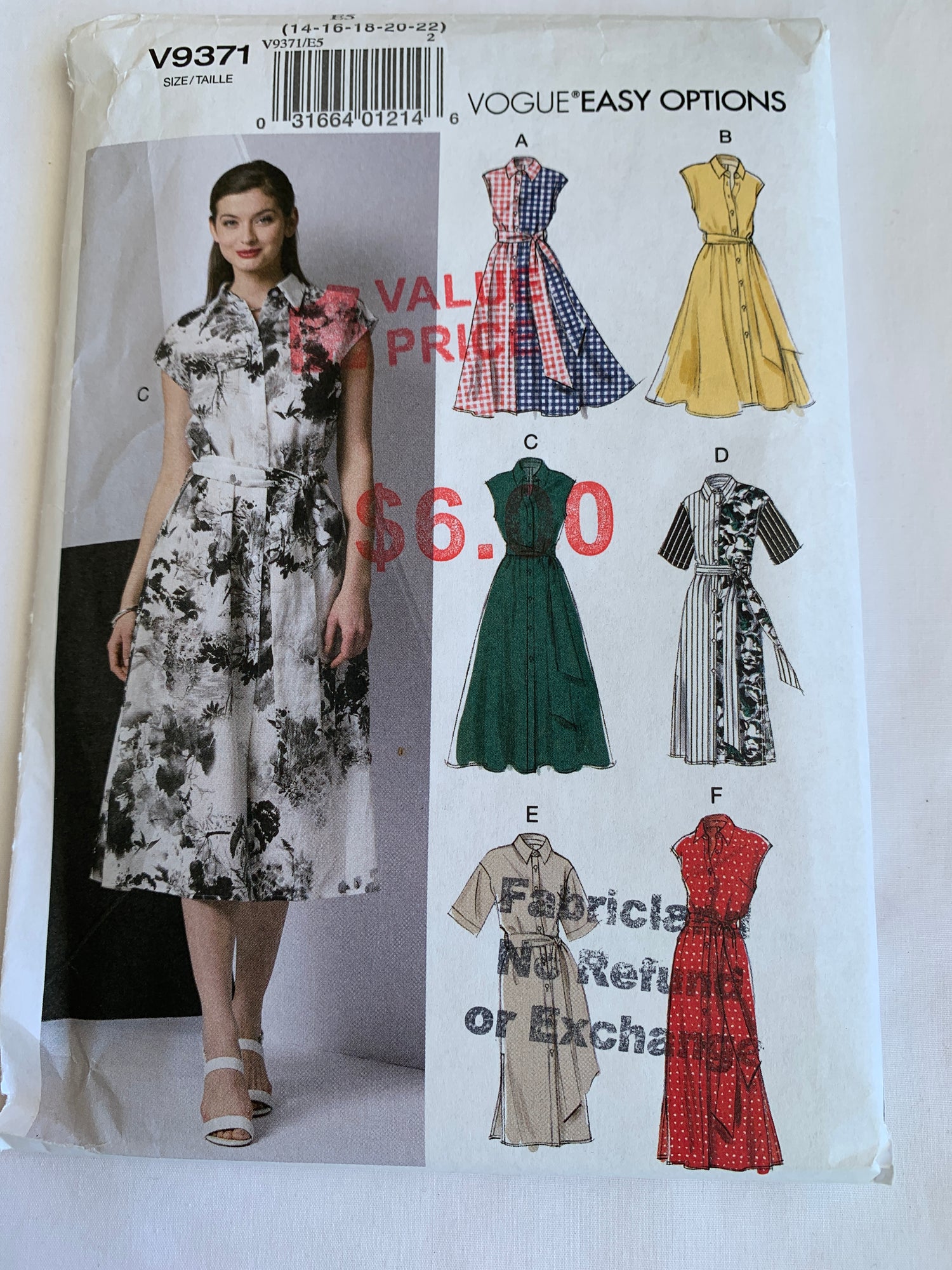 Vogue Sewing Pattern V9371 Misses' Dress, Pockets, Long/Short Sleeves, Loose-Fitting, Collar, Tie Belt, Button Front, Size 14-22, Uncut, 2019
