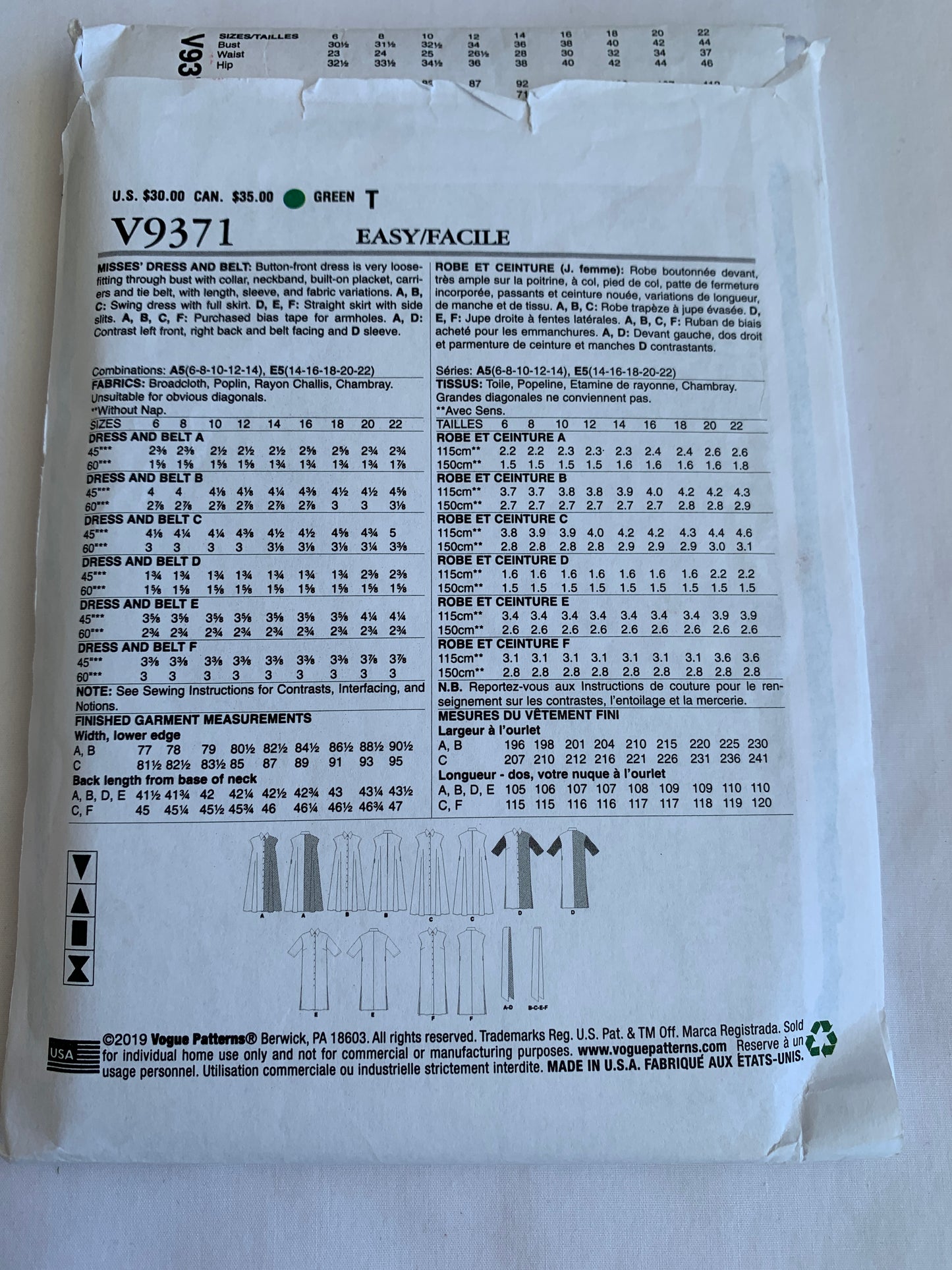 Vogue Sewing Pattern V9371 Misses' Dress, Pockets, Long/Short Sleeves, Loose-Fitting, Collar, Tie Belt, Button Front, Size 14-22, Uncut, 2019