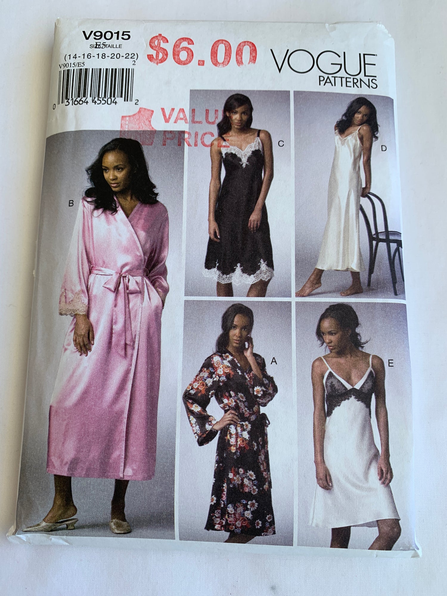 Vogue Sewing Pattern V9015 Misses' Robe, Chemise, Floor Length, Pockets, Loose-Fitting, Pullover, Size 14-22, Uncut, 2014
