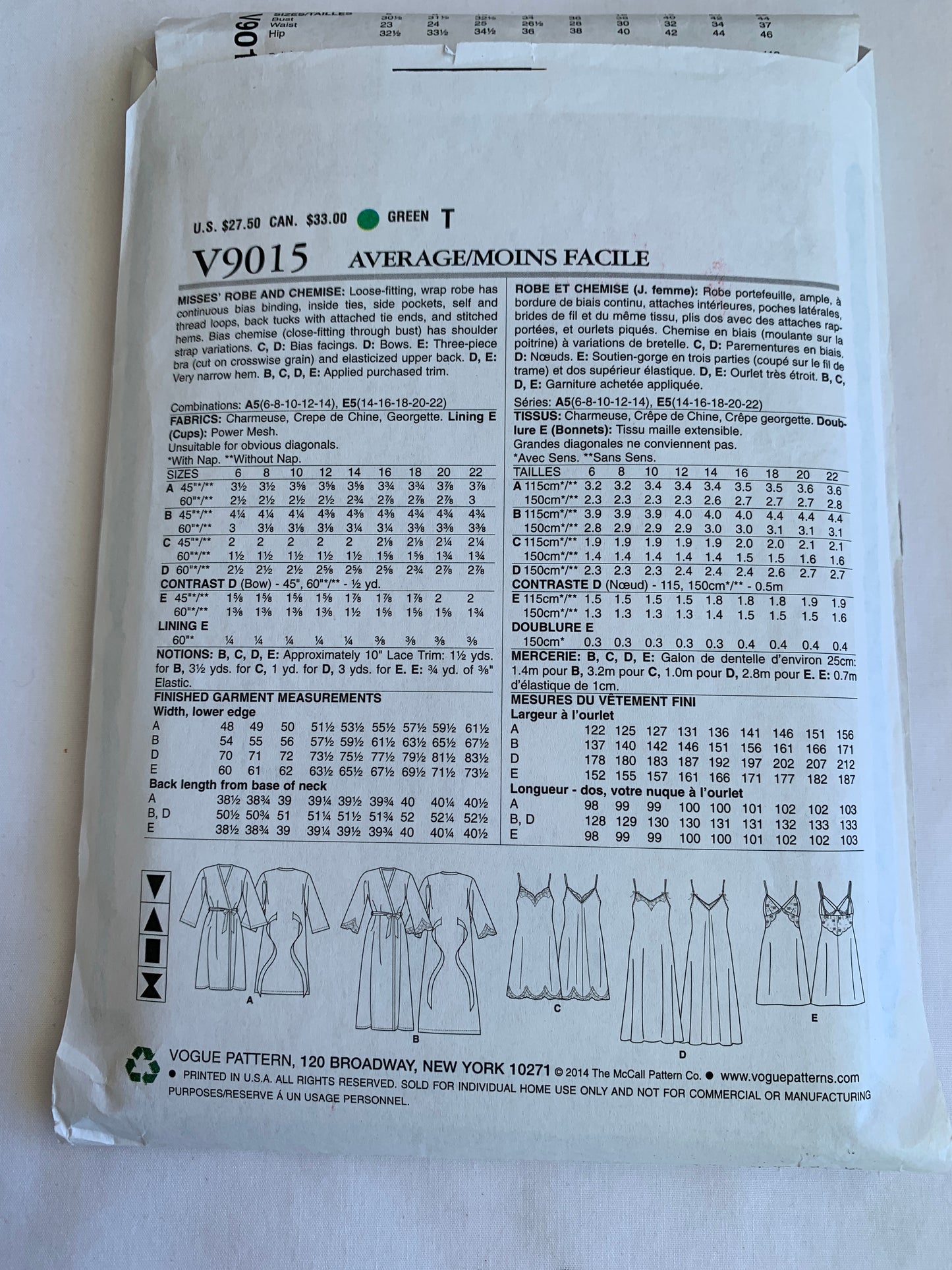 Vogue Sewing Pattern V9015 Misses' Robe, Chemise, Floor Length, Pockets, Loose-Fitting, Pullover, Size 14-22, Uncut, 2014