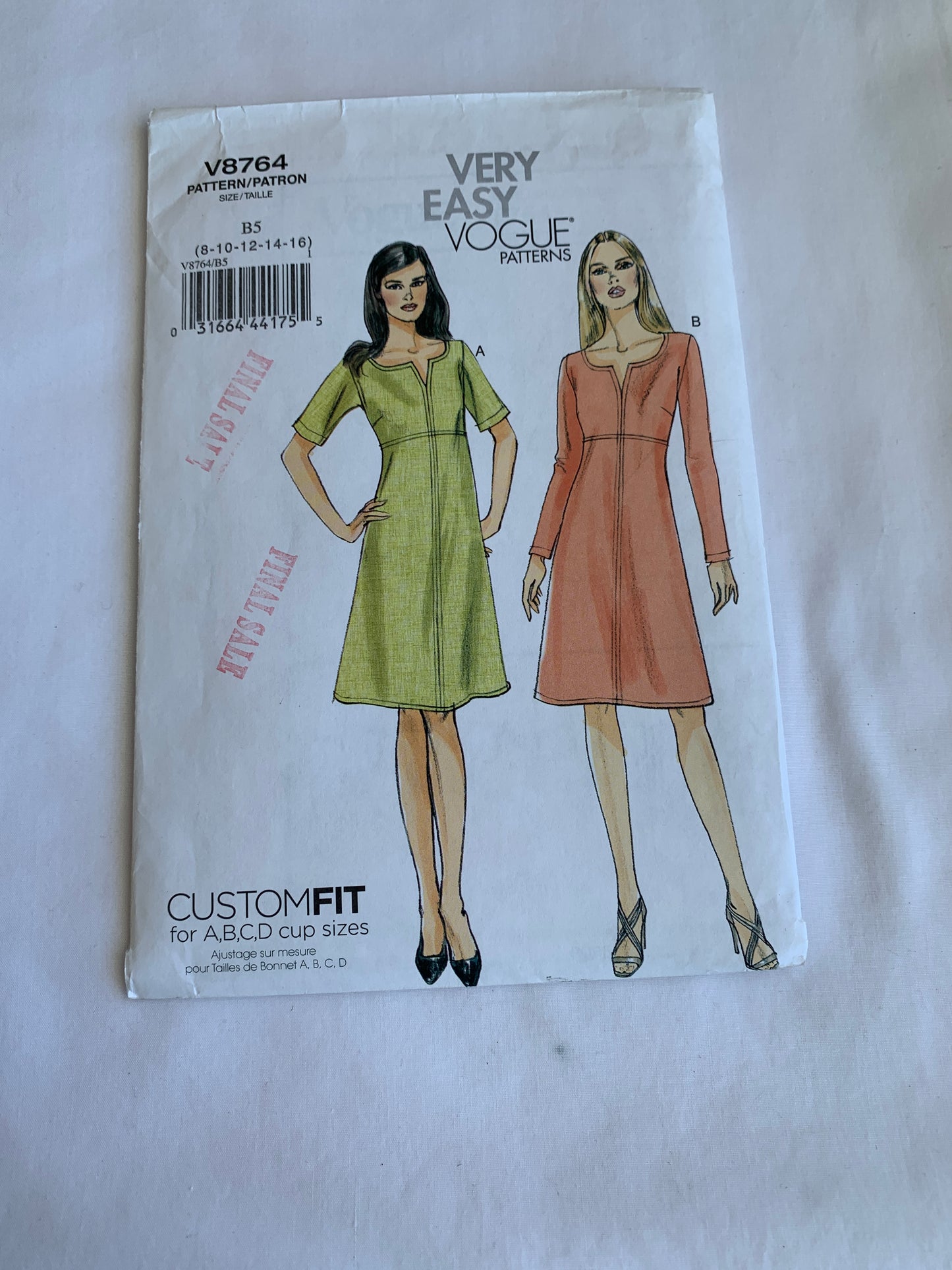 Vogue Sewing Pattern V8764 Misses' Dress, Long/Short Sleeves, Close-Fitting, Zipper Back, Two Lengths, Size 8-16, Uncut, 2011
