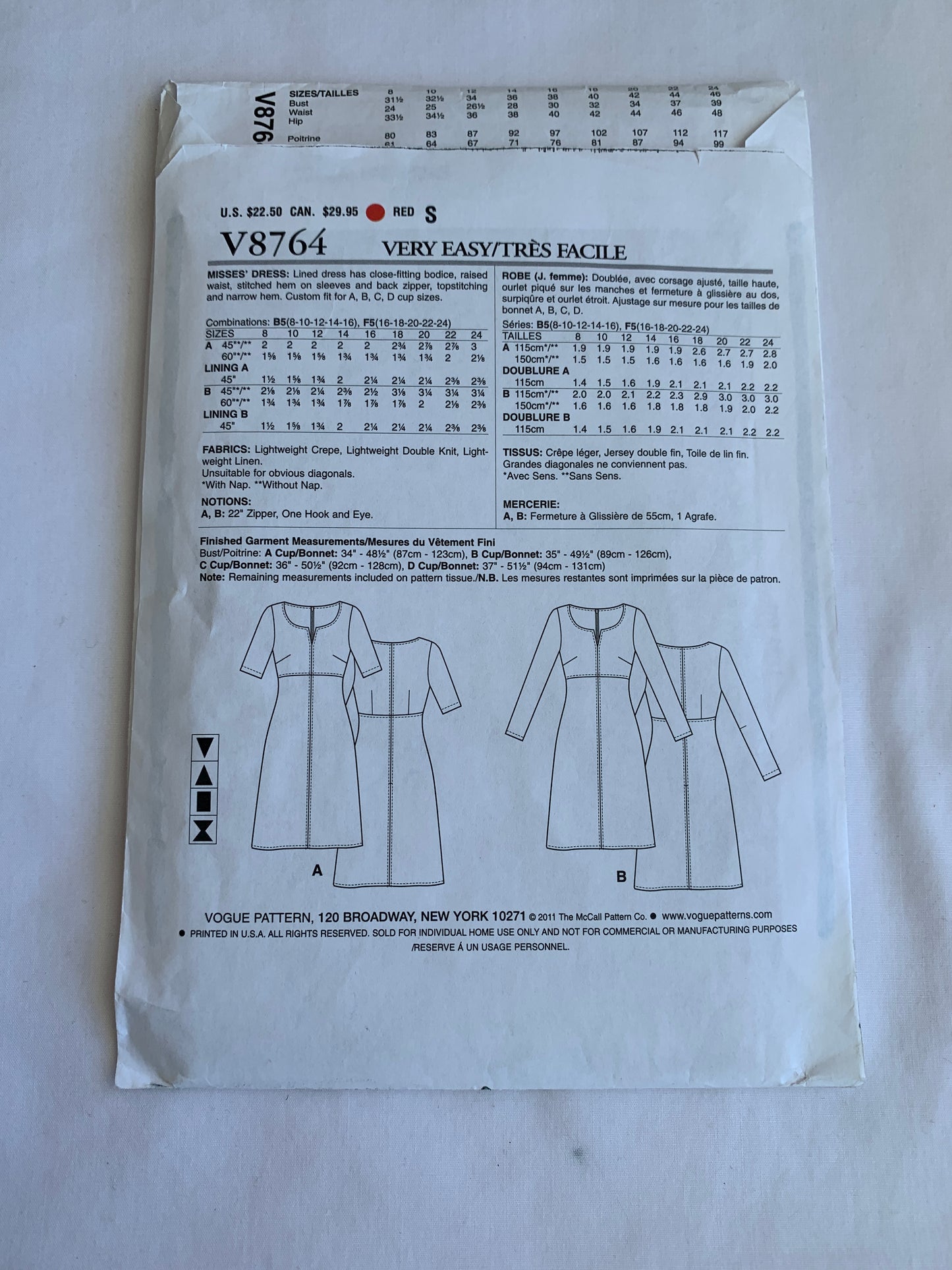 Vogue Sewing Pattern V8764 Misses' Dress, Long/Short Sleeves, Close-Fitting, Zipper Back, Two Lengths, Size 8-16, Uncut, 2011