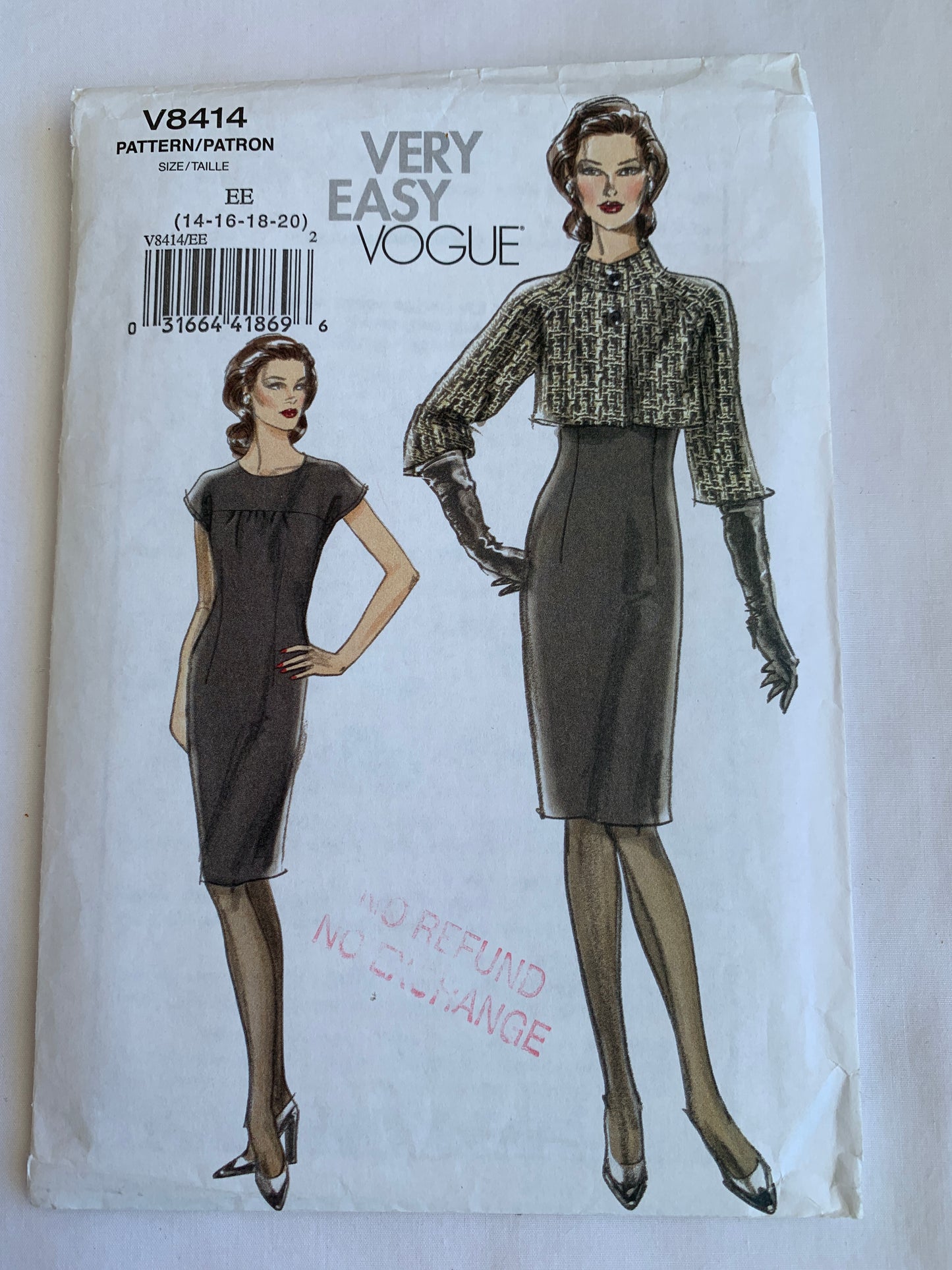 Vogue Sewing Pattern V8414 Misses' Jacket, Dress, Button Front, Raglan Sleeves, Zipper Back, Size 14-20, Uncut, 2007