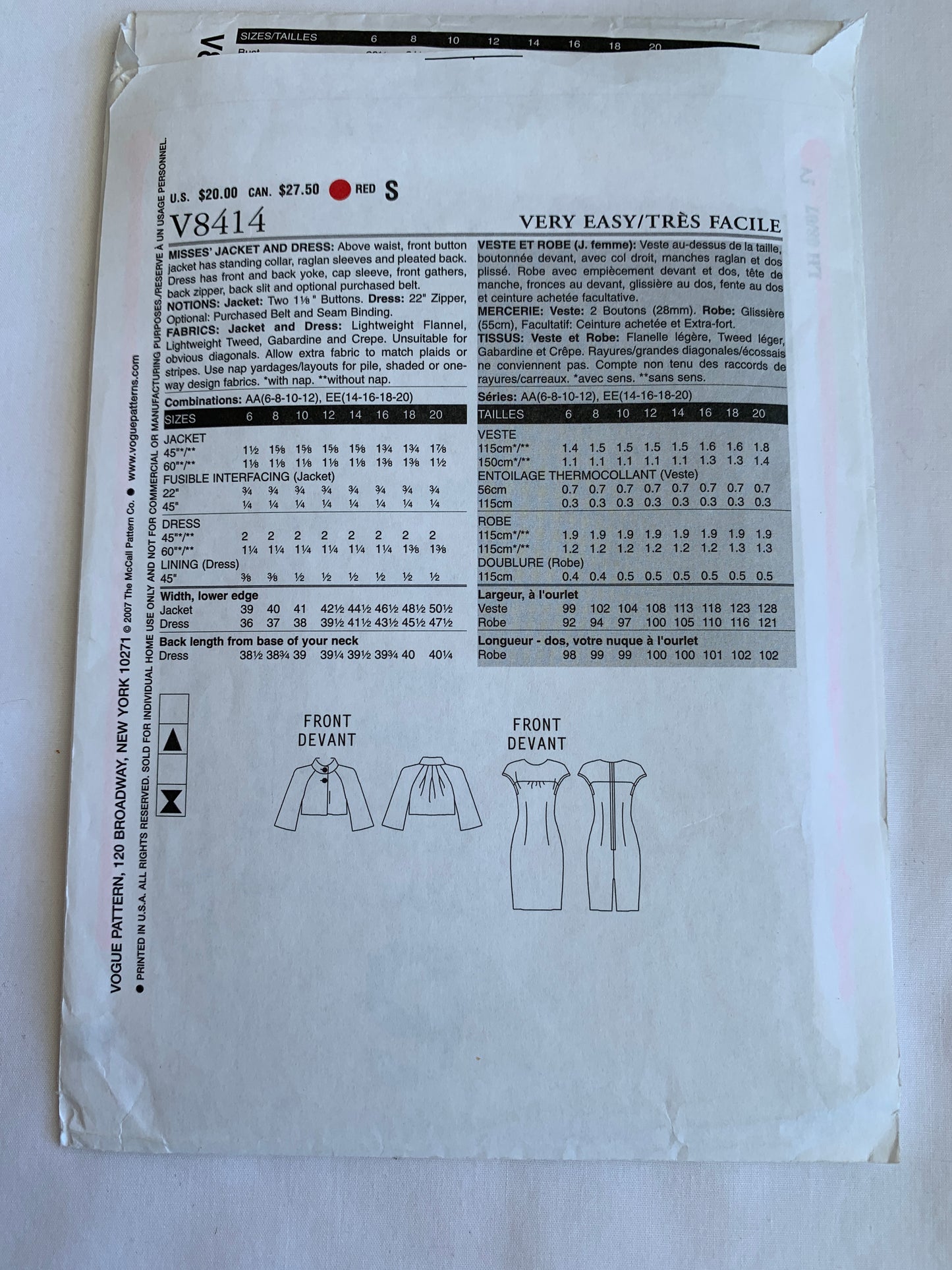 Vogue Sewing Pattern V8414 Misses' Jacket, Dress, Button Front, Raglan Sleeves, Zipper Back, Size 14-20, Uncut, 2007