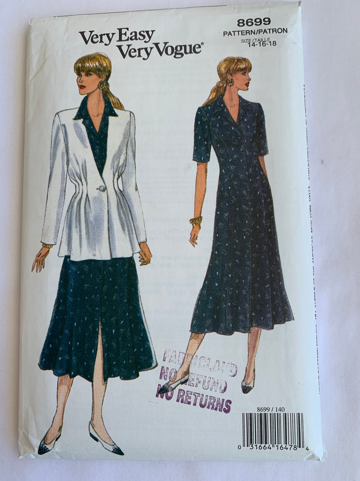 Vogue Sewing Pattern 8699 Misses' Jacket, Dress, Loose-Fitting, Shoulder Pads, Princess Seams, Size 14-18, Uncut, Vintage 1992