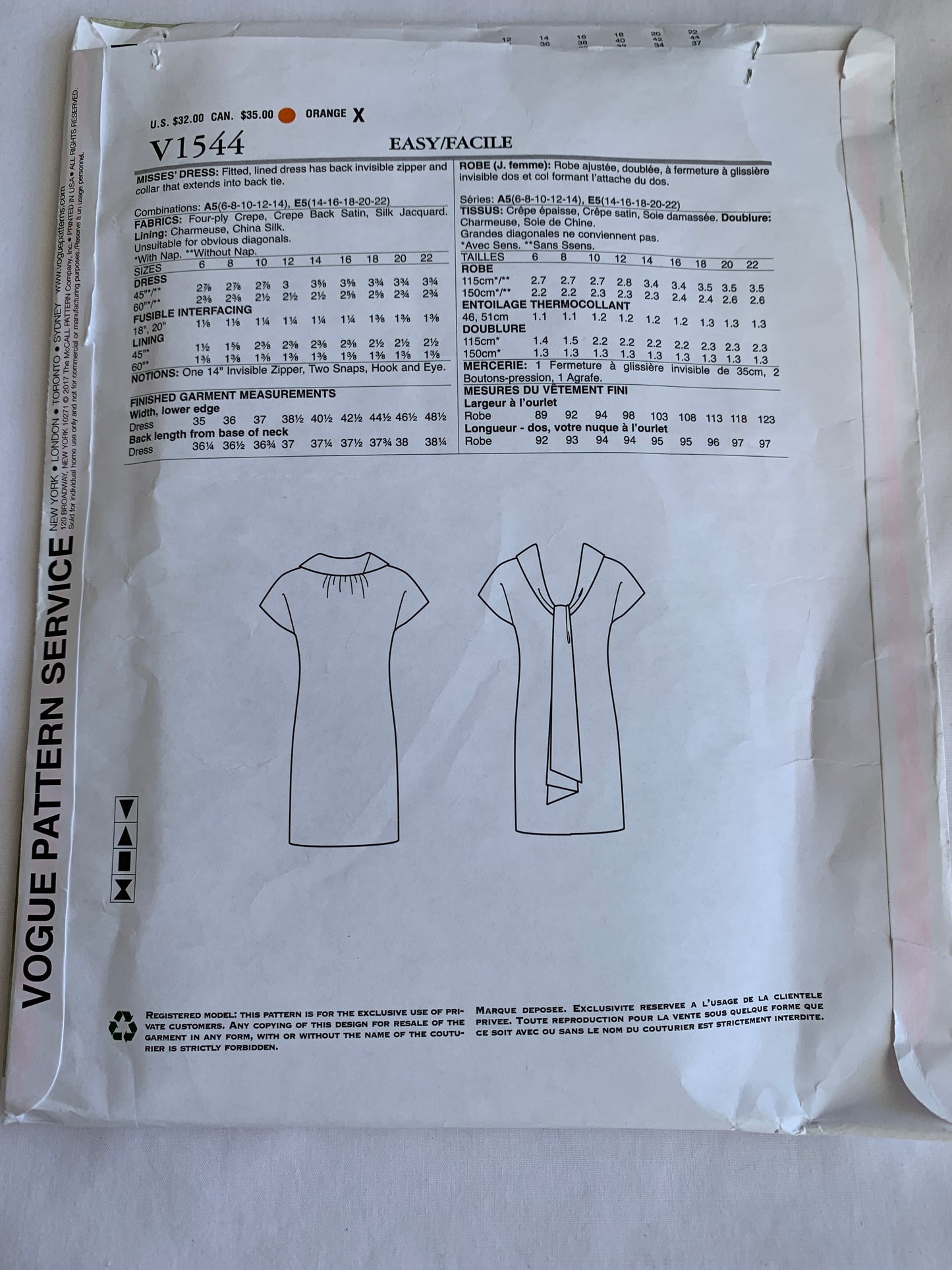 Vogue Tom & Linda Platt Sewing Pattern V1544 Misses' Dress, Fitted, Lined, Zipper Back, Collar, Size 14-22, Uncut, 2017