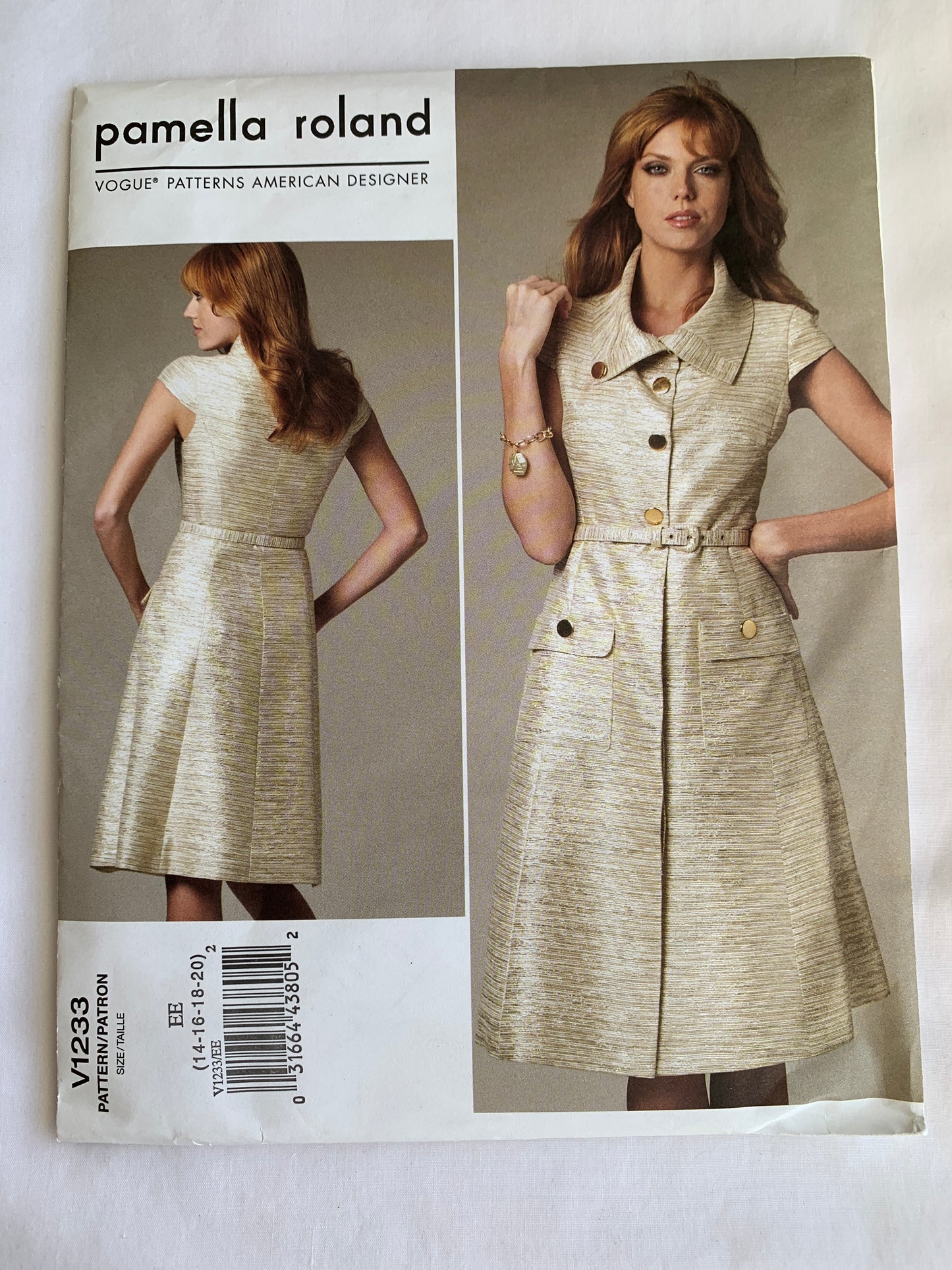 Vogue Sewing Pattern V1233 Misses' Dress, Pockets, Short Sleeves, Collar, Shoulder Pads, Belt, Size 14-20, Uncut, 2011
