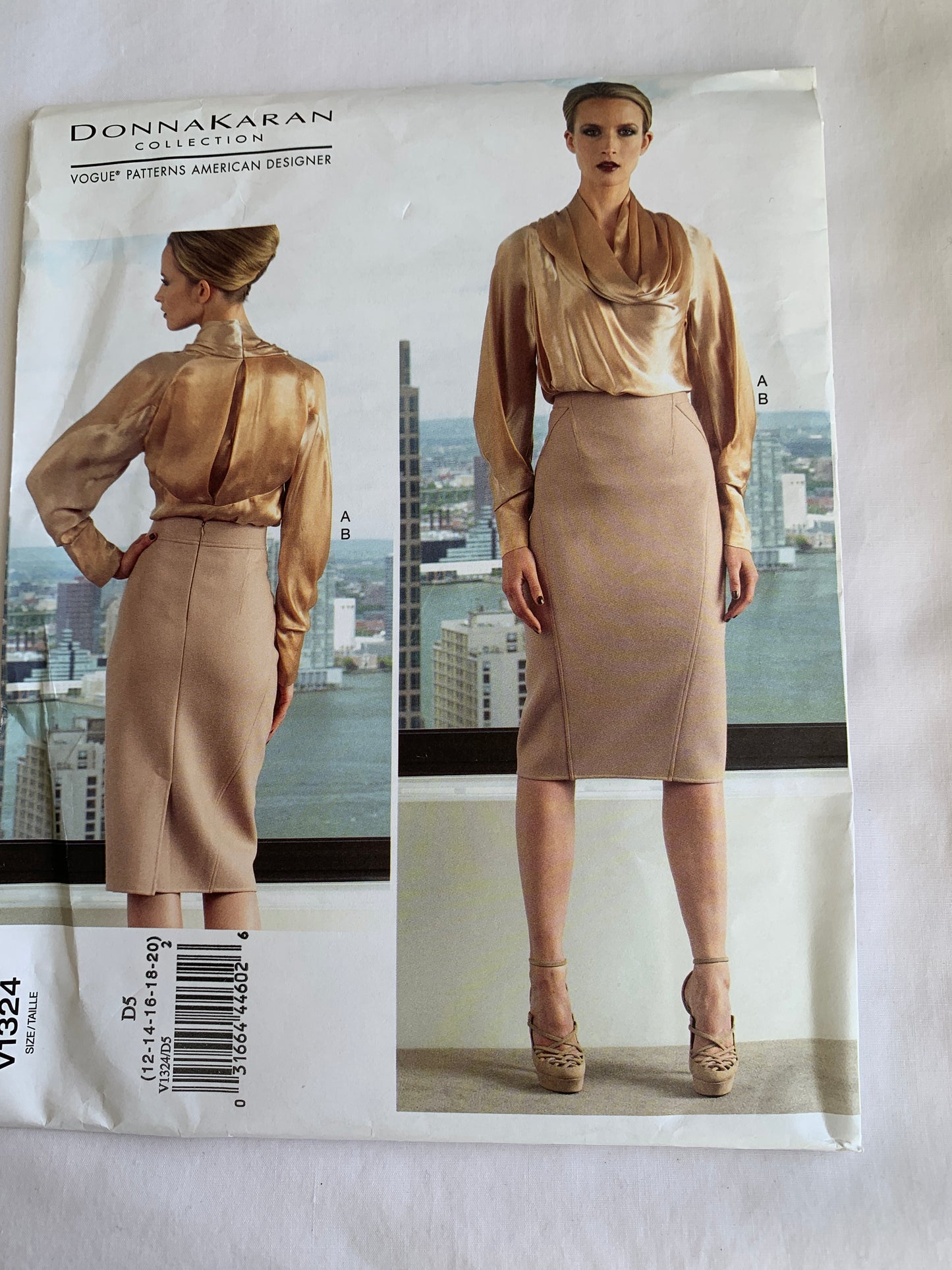 Vogue Donna Karan Sewing Pattern V1324 Misses' Blouse, Skirt, Loose-Fitting, Pullover, Pleats, Zipper Back, Size 12-20, Uncut, 2012