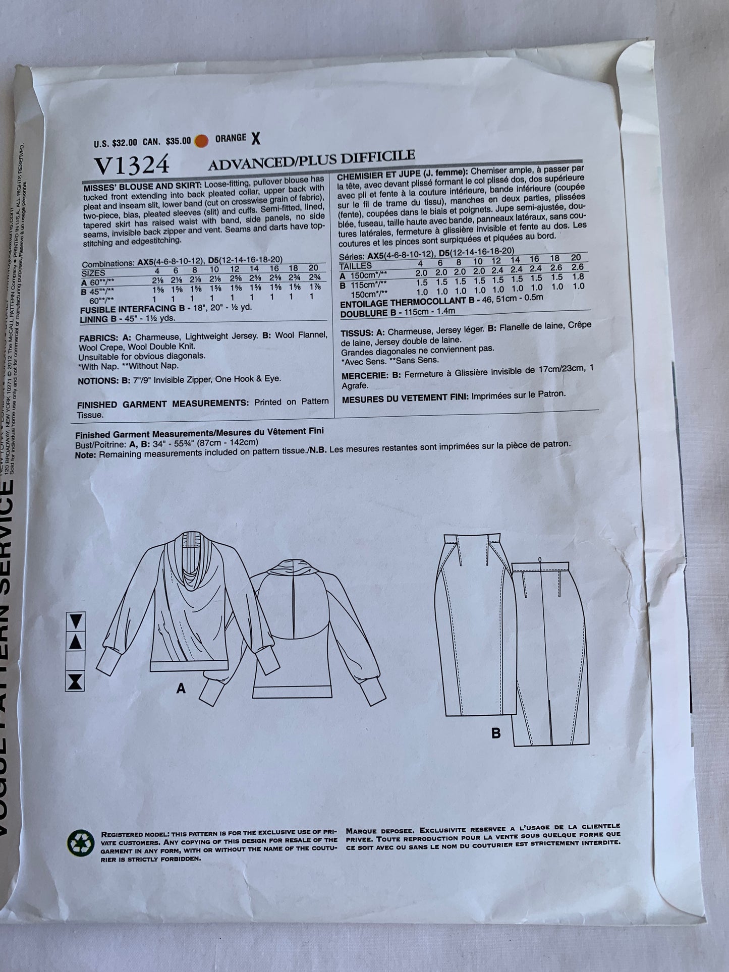 Vogue Donna Karan Sewing Pattern V1324 Misses' Blouse, Skirt, Loose-Fitting, Pullover, Pleats, Zipper Back, Size 12-20, Uncut, 2012