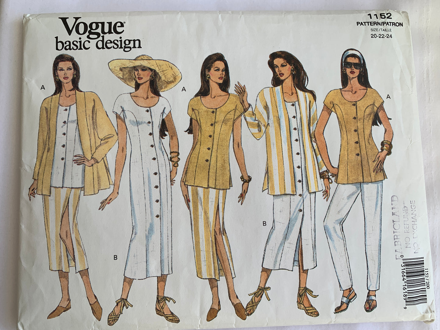 Vogue Sewing Pattern 1152 Misses' Jacket, Top, Skirt, Pants, Dress, Loose-Fitting, Unlined, Princess Seams, Cap Sleeves, Size 20-24, Uncut, Vintage 1993