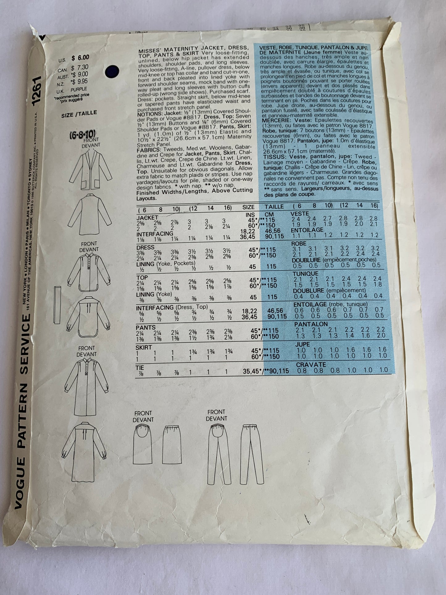 Vogue Sewing Pattern 1261 Misses' Maternity Dress, Jacket, Dress, Top, Pants, Skirts, Loose-Fitting, Shoulder Pads, Pockets, Size 6-10, Uncut, Vintage 1986
