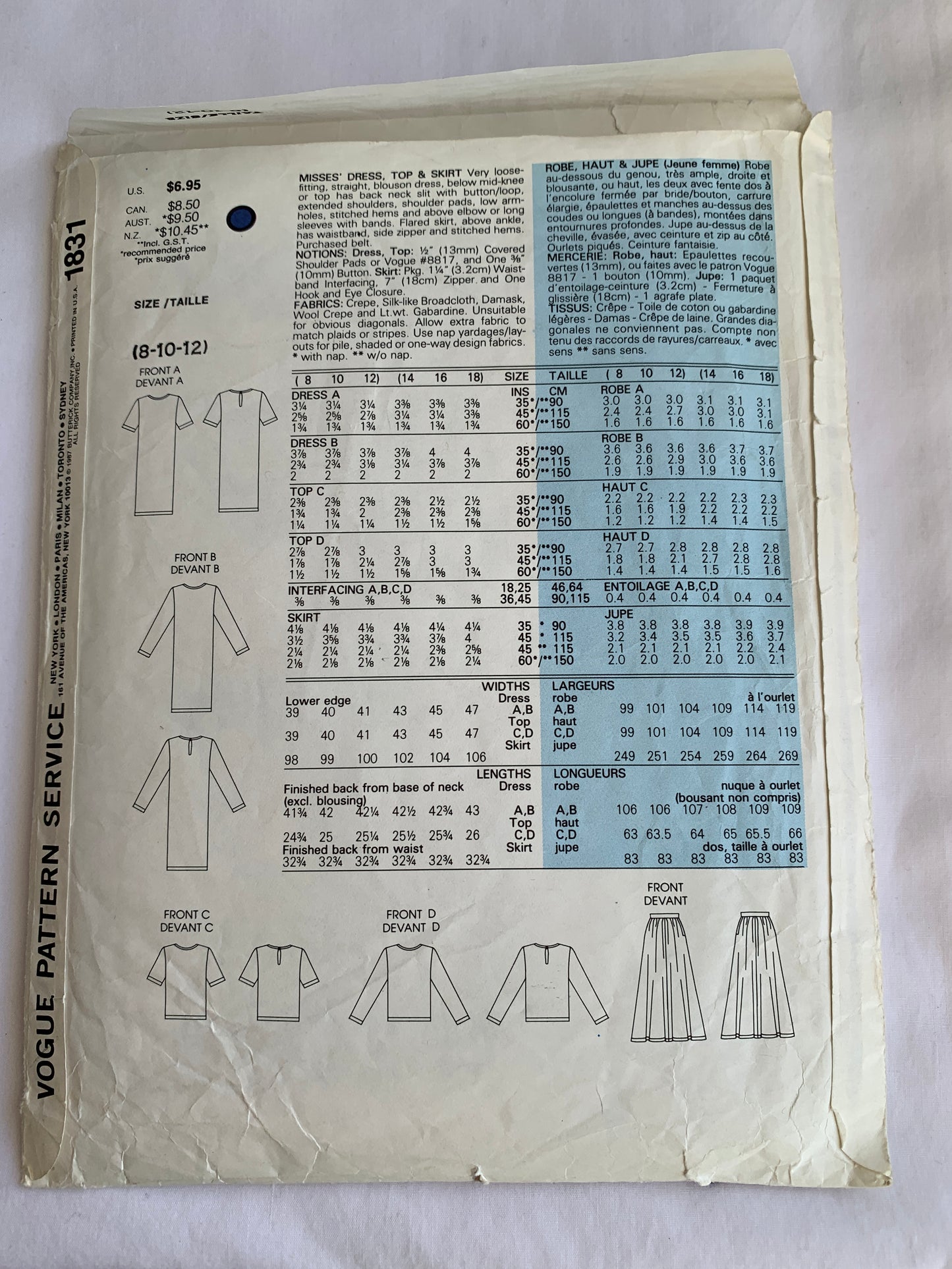 Vogue Sewing Pattern 1831 Misses' Dress, Top, Skirt, Loose-Fitting, Shoulder Pads, Flared, Side Zipper, Size 8-12, Uncut, Vintage 1997