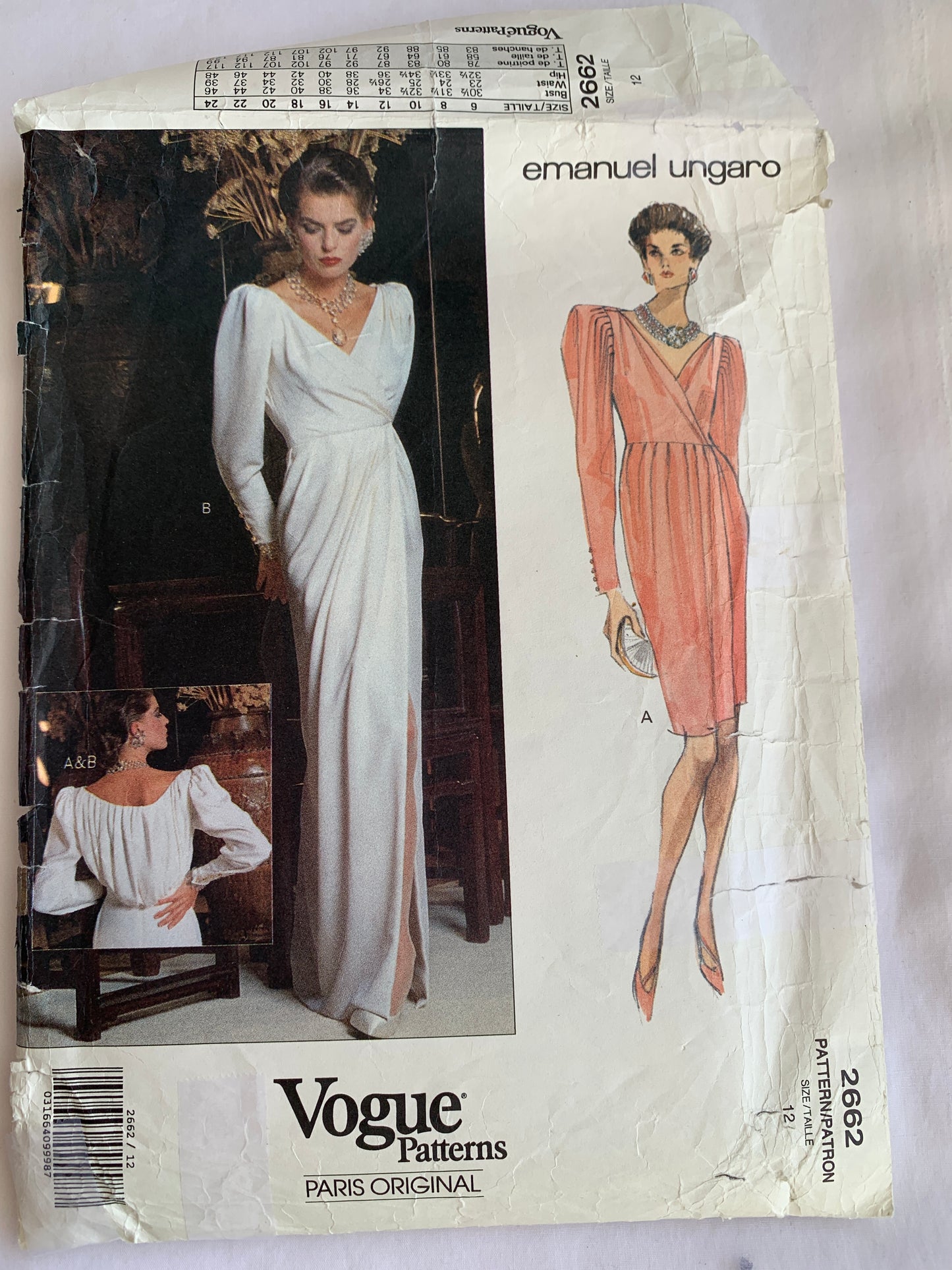 Vogue Emanuel Ungaro Sewing Pattern 2662 Misses' Dress, Wrap, Shoulder Pads, Pleats, Two Lengths, Size 12, Uncut, Vintage 1991