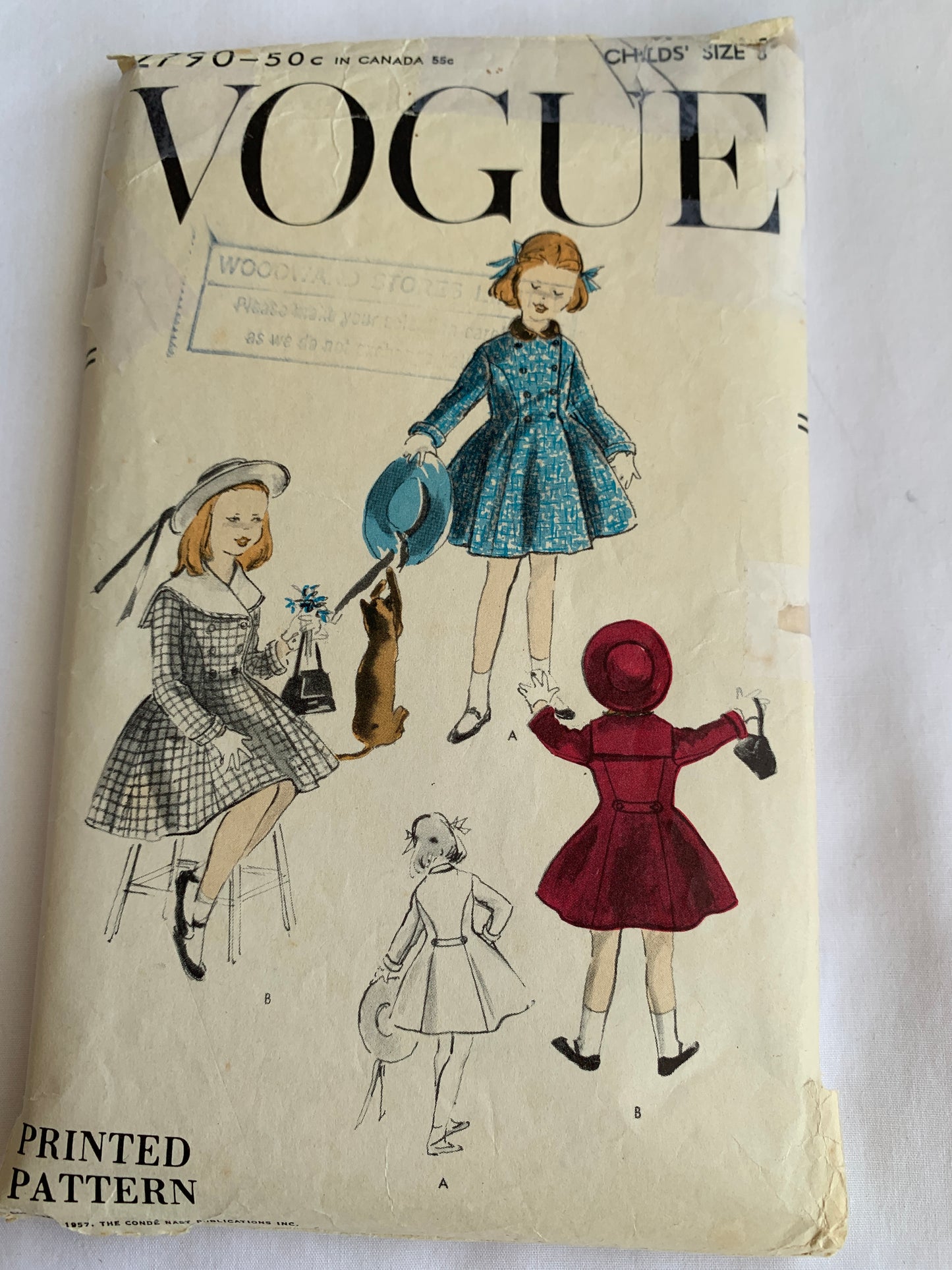 Vogue Sewing Pattern 2790 Children's Coat, Double Breasted, Pockets, Princess Seams, Size 3, Cut, Vintage 1950