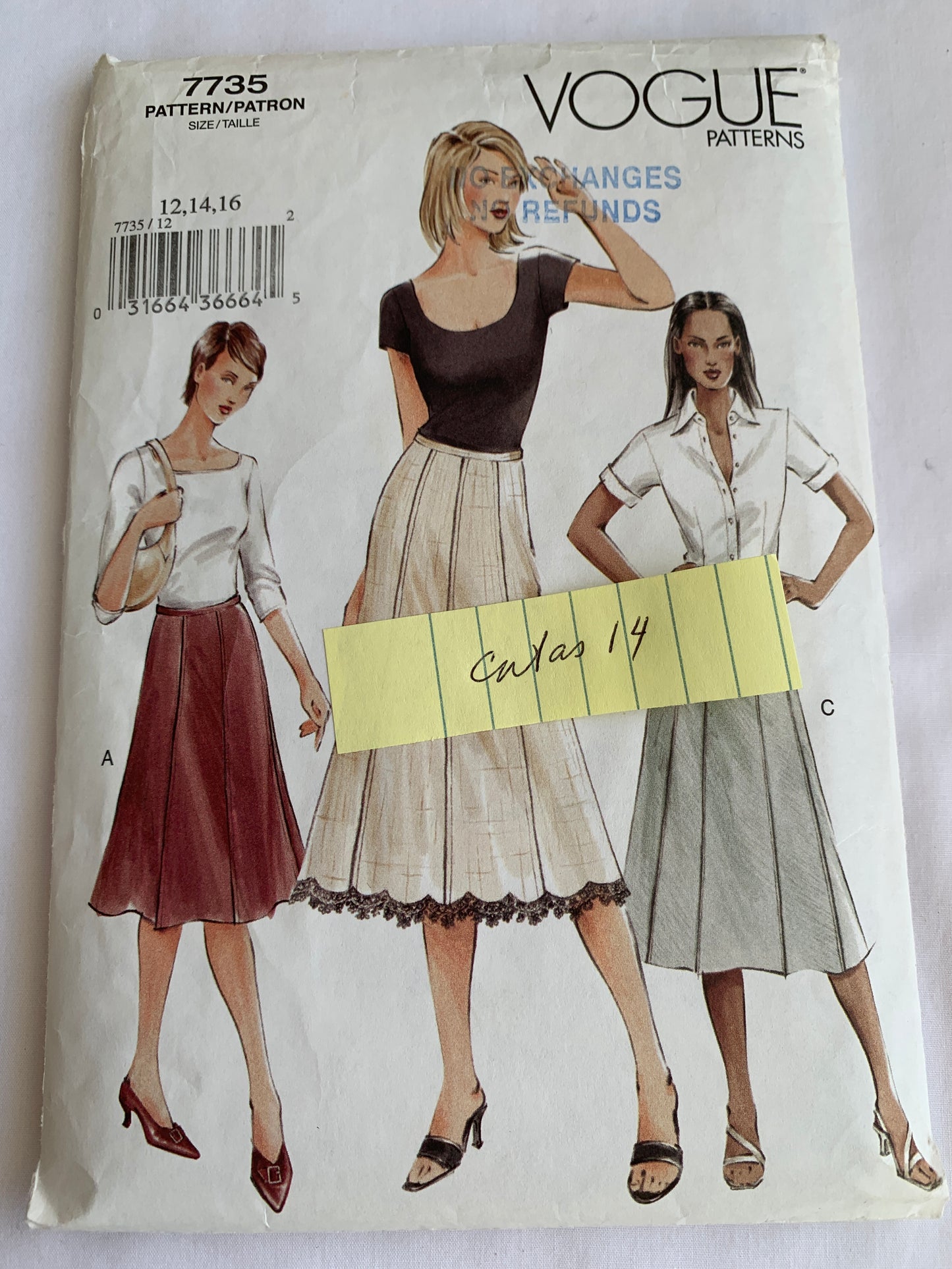 Vogue Sewing Pattern 7735 Misses'/Misses' Petite Skirt, Semi-Fitted, Two Lengths, Zipper Back, Size 14, Cut, 2003