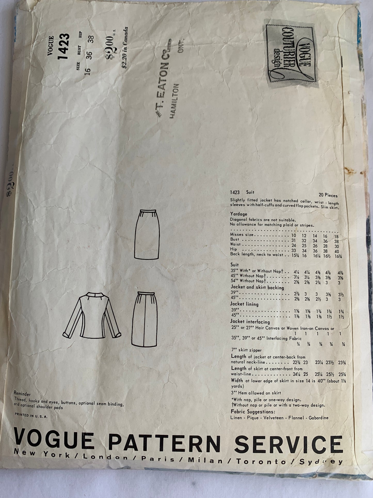 Vogue Sewing Pattern 1423 Misses' Suit, Jacket, Skirt, Semi-Fitted, Zipper Back, Size 16, Cut, Vintage 1960