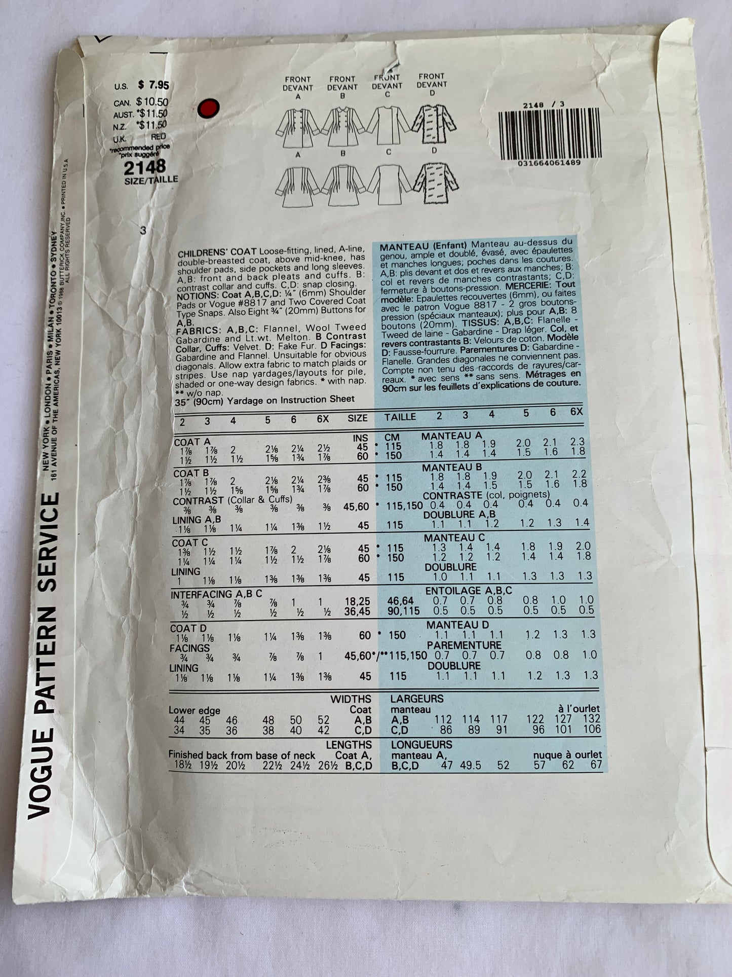 Vogue Little Sewing Pattern 2148 Girls' Coat, Loose-Fitting, Double-Breasted, Pockets, Long Sleeves, Size 3, Cut, Vintage 1988
