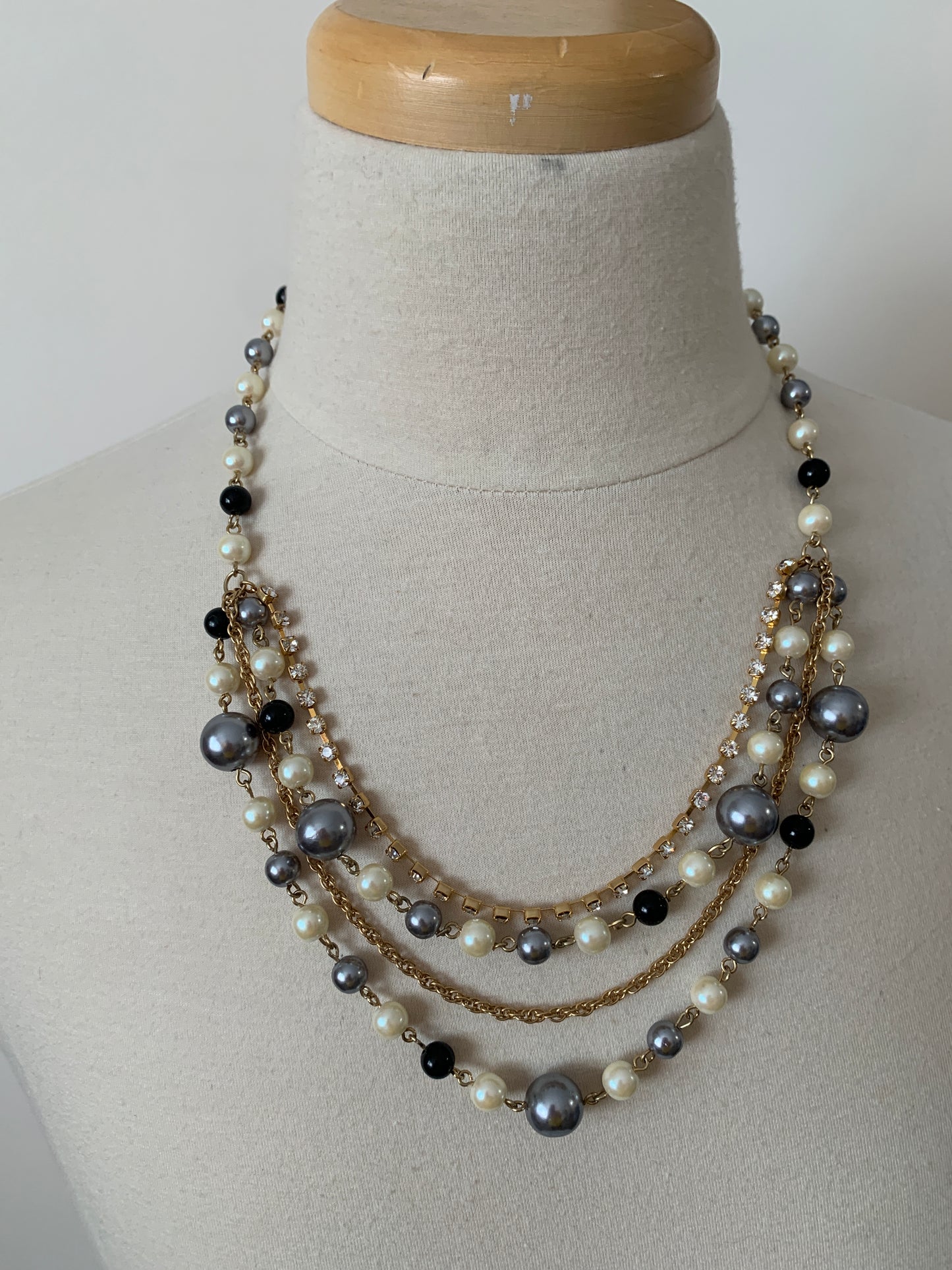 Vintage Avon 1990's Faux Pearl Beads, Lobster Clasp, Gold Tone, Costume Jewelry,Black, White, Silver Beads,