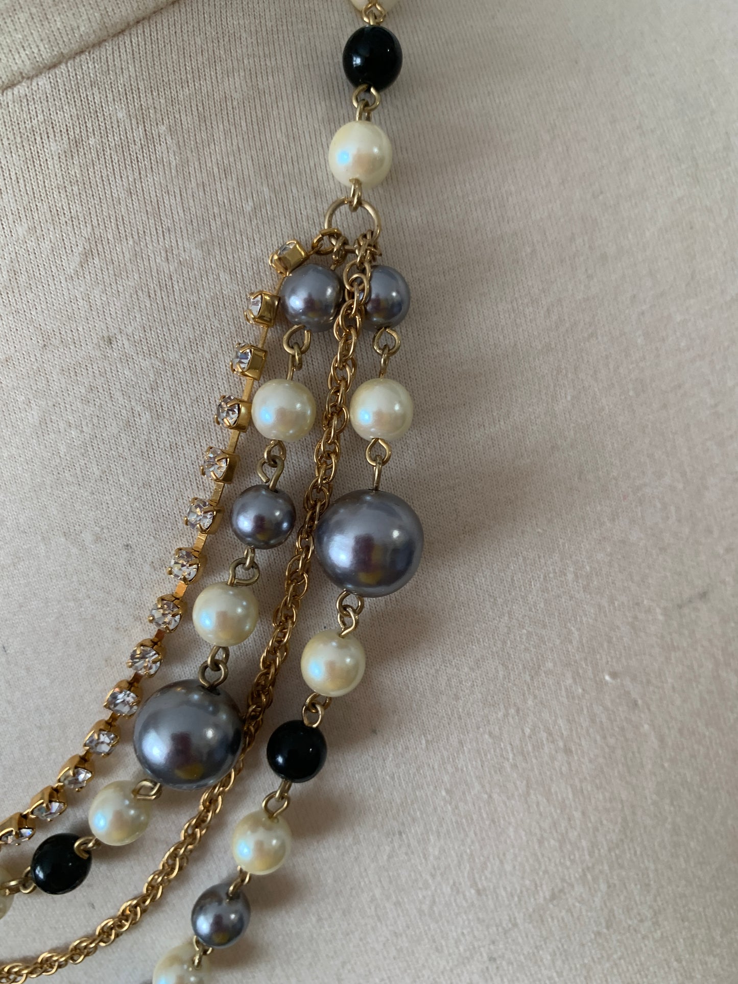 Vintage Avon 1990's Faux Pearl Beads, Lobster Clasp, Gold Tone, Costume Jewelry,Black, White, Silver Beads,