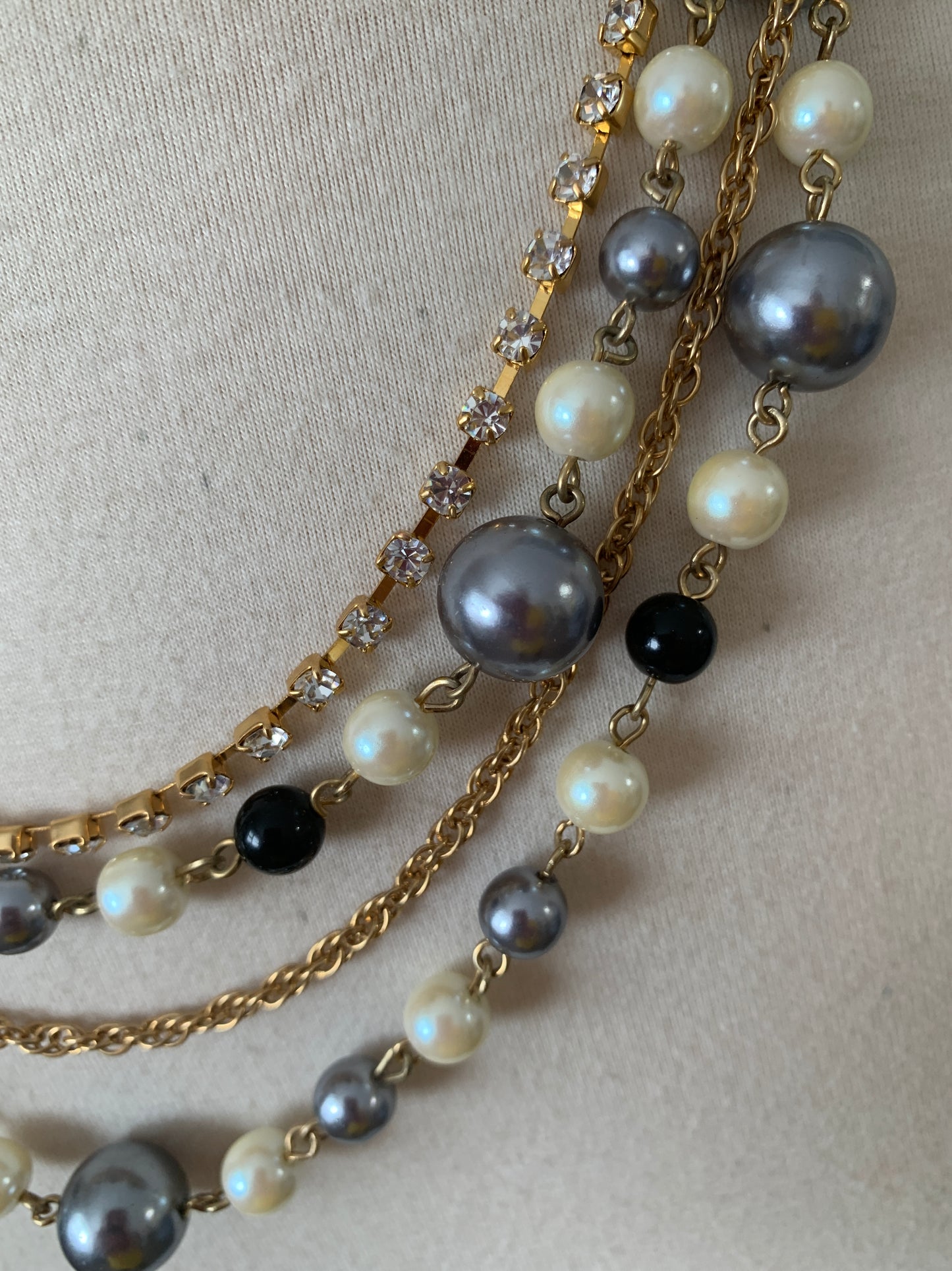 Vintage Avon 1990's Faux Pearl Beads, Lobster Clasp, Gold Tone, Costume Jewelry,Black, White, Silver Beads,