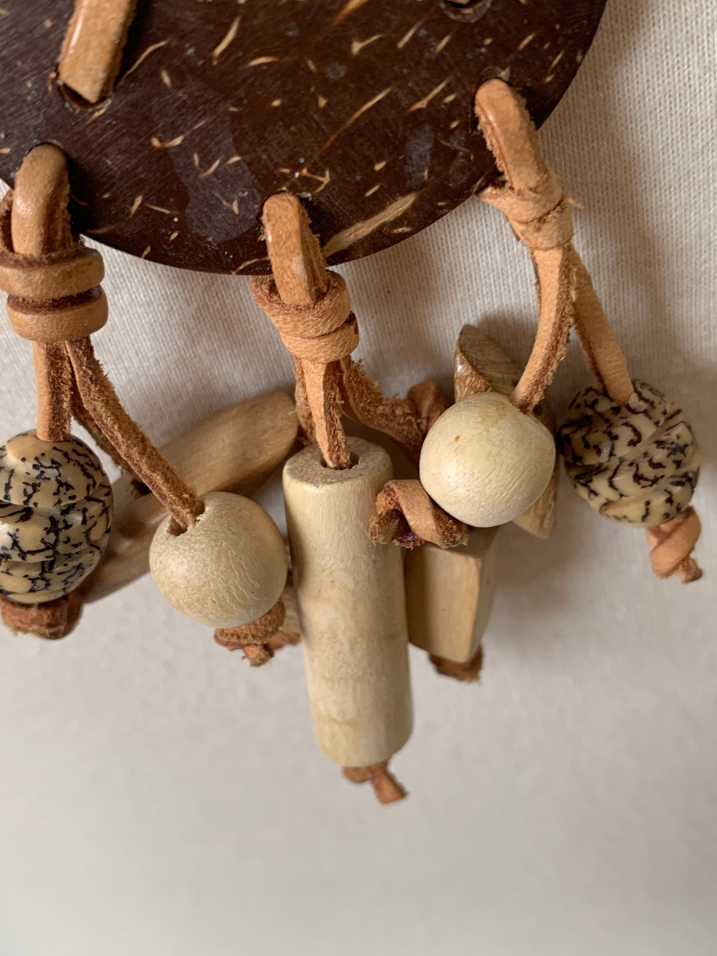 Vintage Handmade Hippie Chunky Leather, Wood Necklace, Tied Back, Brown, Tanned Abstract Beads, Peace Symbol, Costume Jewelry
