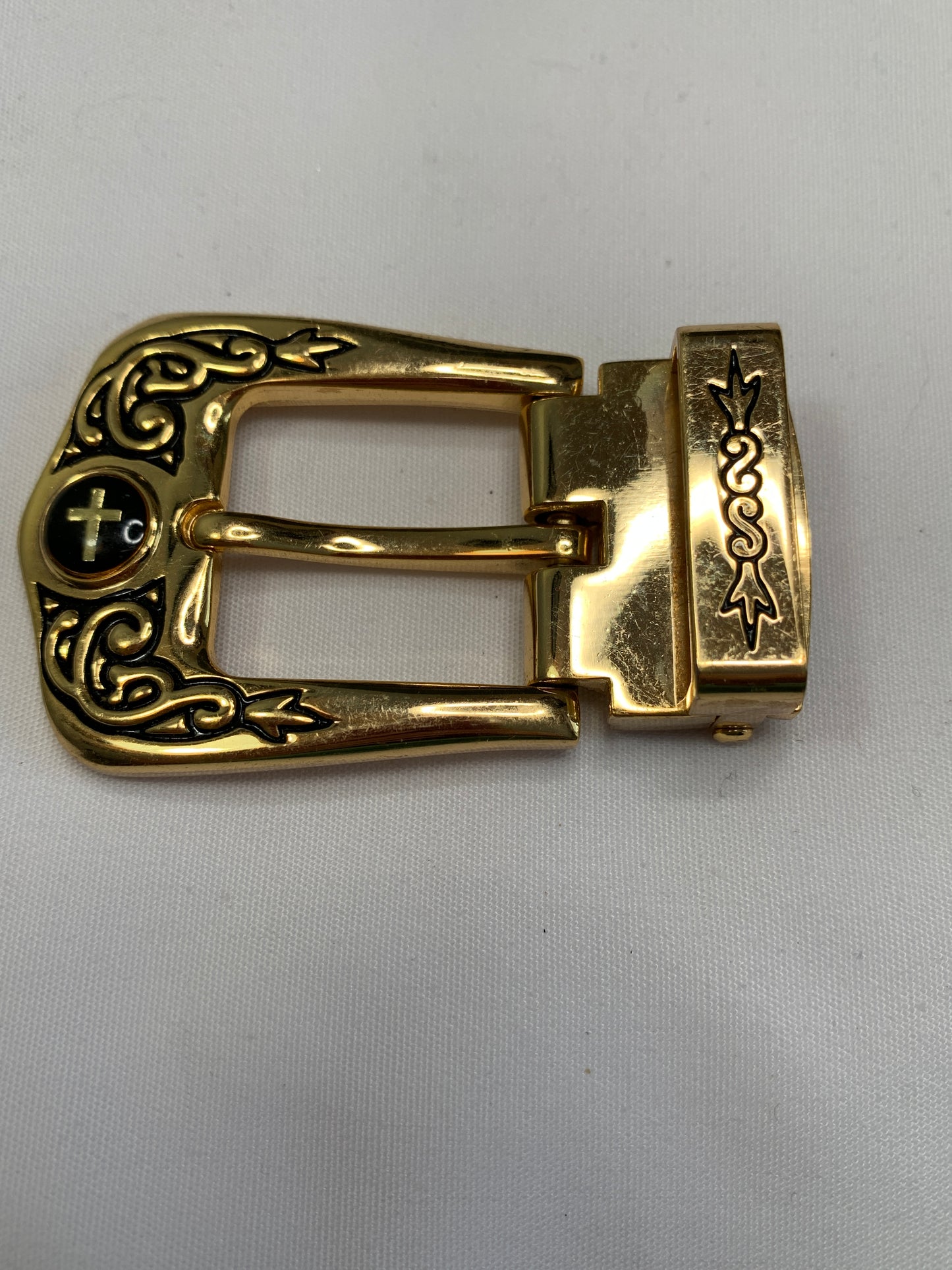 Vintage Pin Black Enamel Cross Belt Buckle, Gold Tone, Religious, 1 Inch Belt Used, Circa 1970's