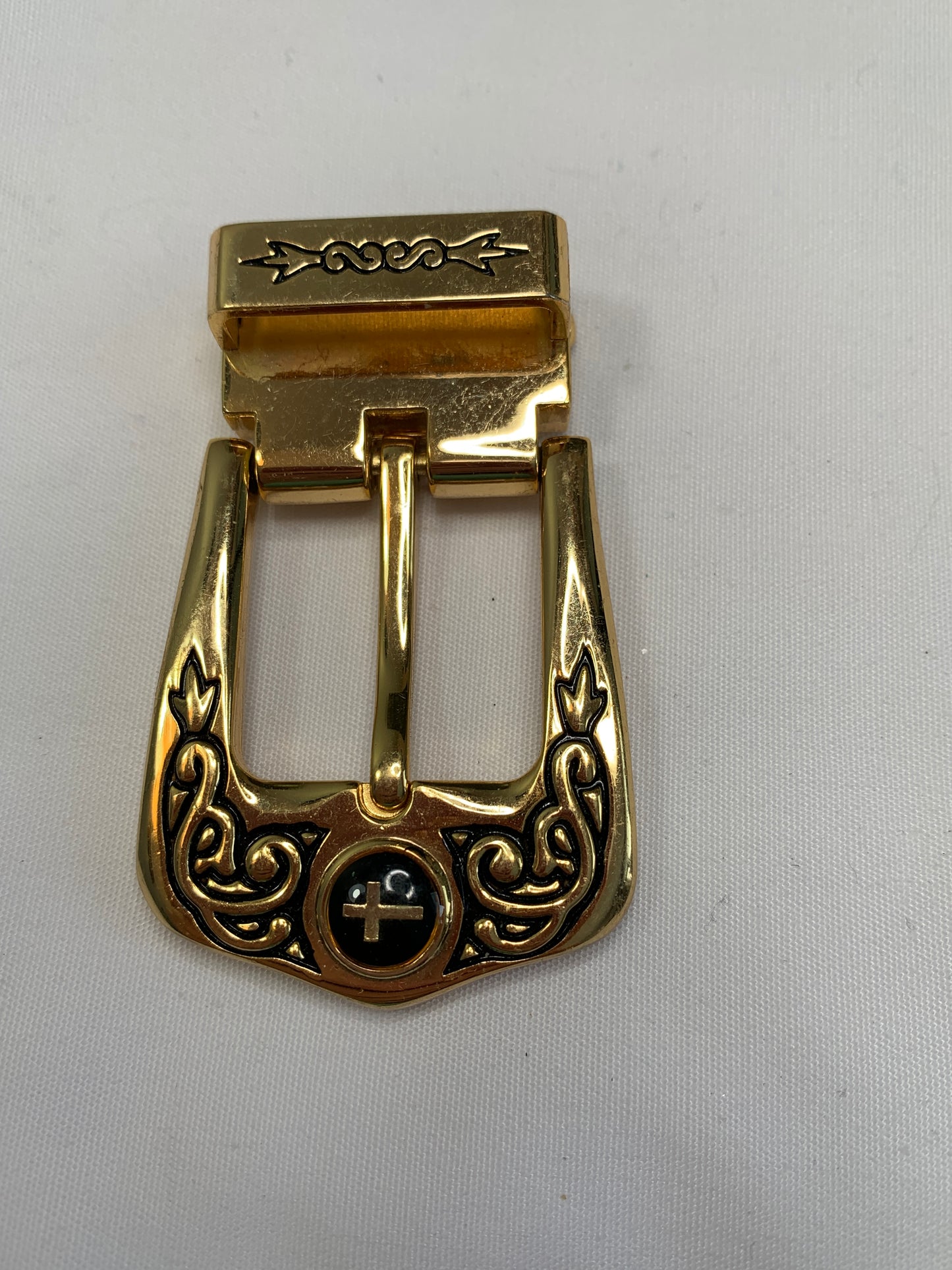 Vintage Pin Black Enamel Cross Belt Buckle, Gold Tone, Religious, 1 Inch Belt Used, Circa 1970's