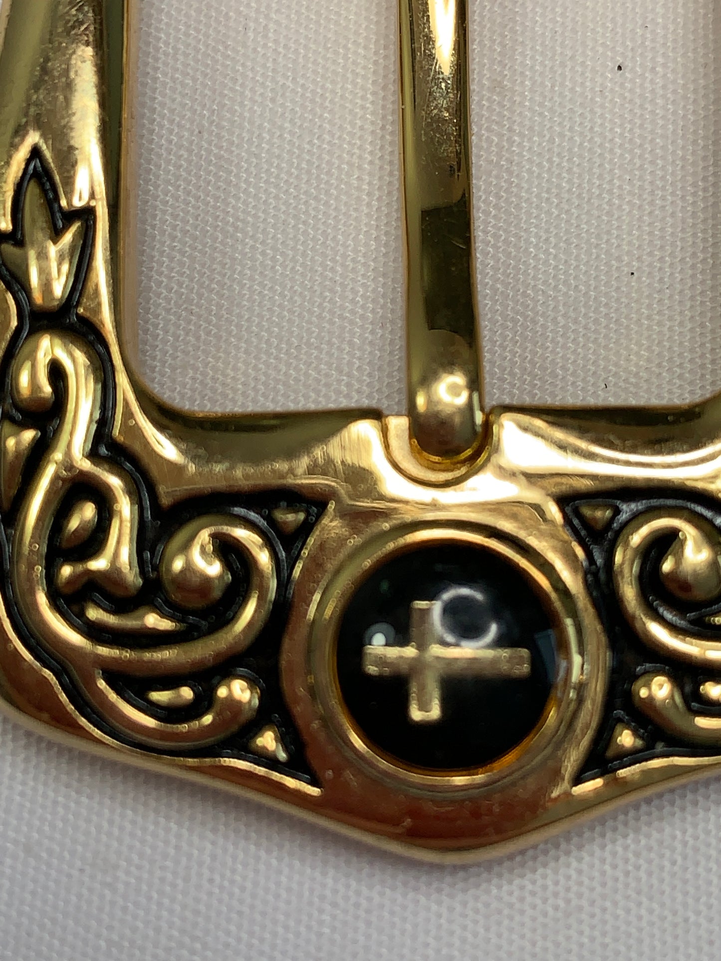 Vintage Pin Black Enamel Cross Belt Buckle, Gold Tone, Religious, 1 Inch Belt Used, Circa 1970's