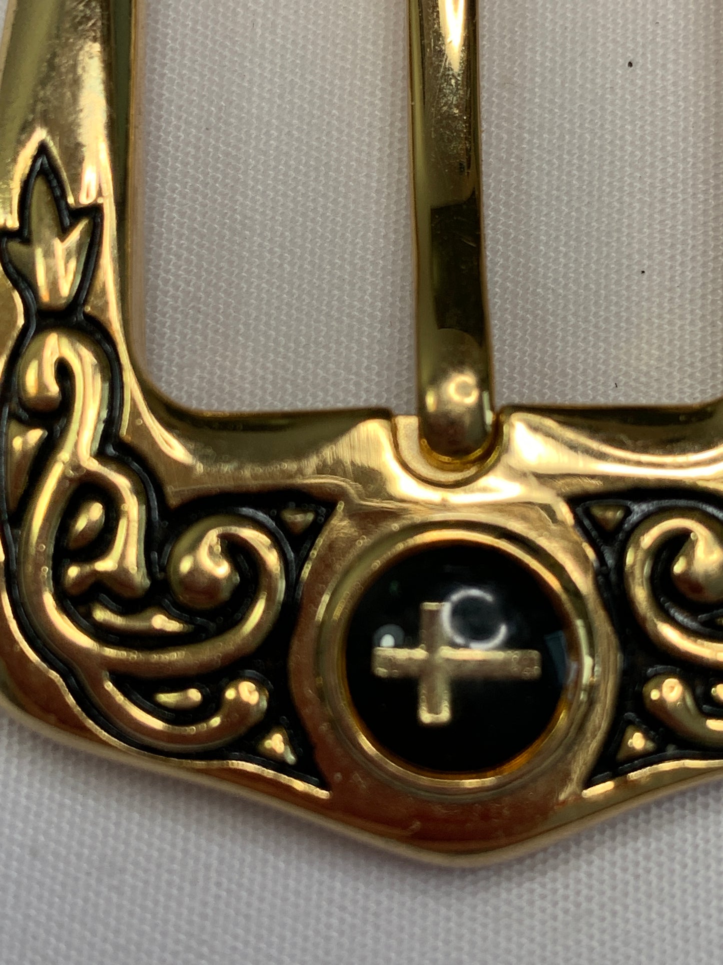 Vintage Pin Black Enamel Cross Belt Buckle, Gold Tone, Religious, 1 Inch Belt Used, Circa 1970's