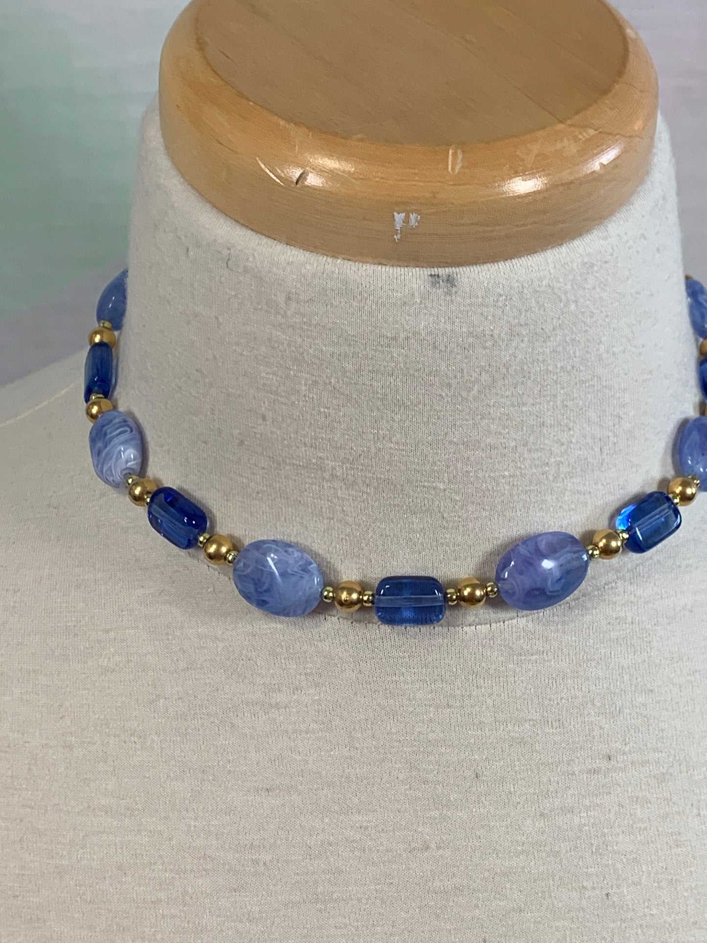 Vintage Choker Blue, Gold Beaded Necklace, Lobster Clasp, Costume Jewelry