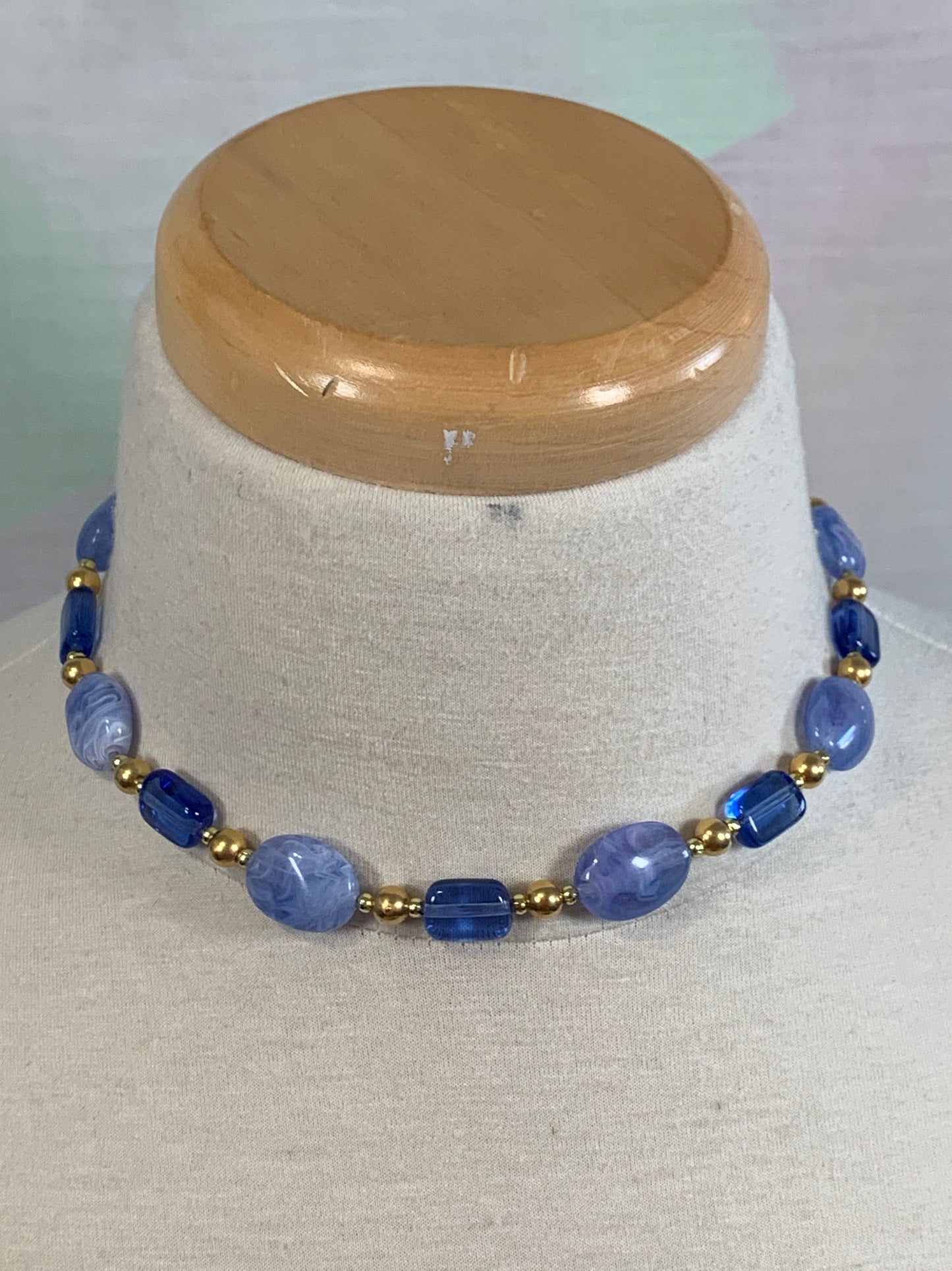 Vintage Choker Blue, Gold Beaded Necklace, Lobster Clasp, Costume Jewelry