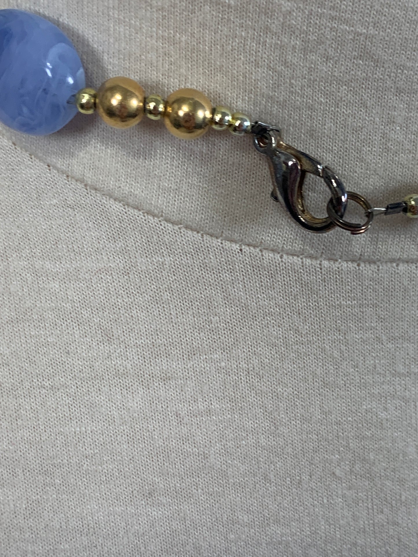 Vintage Choker Blue, Gold Beaded Necklace, Lobster Clasp, Costume Jewelry