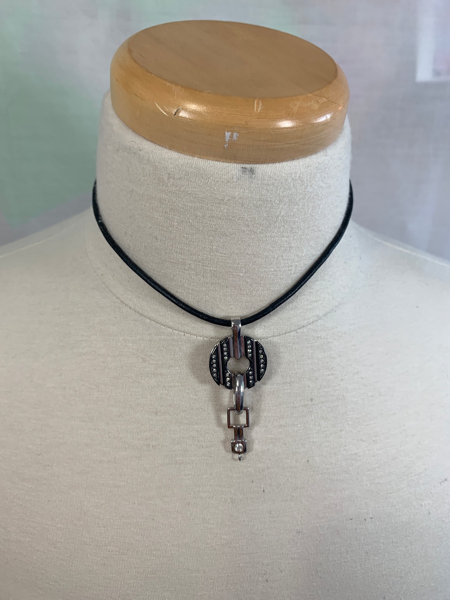 Vintage Handmade Choker Hippie Necklace, Lobster Clasp, Silver/Black/Rhinestone Pendant, Costume Jewelry