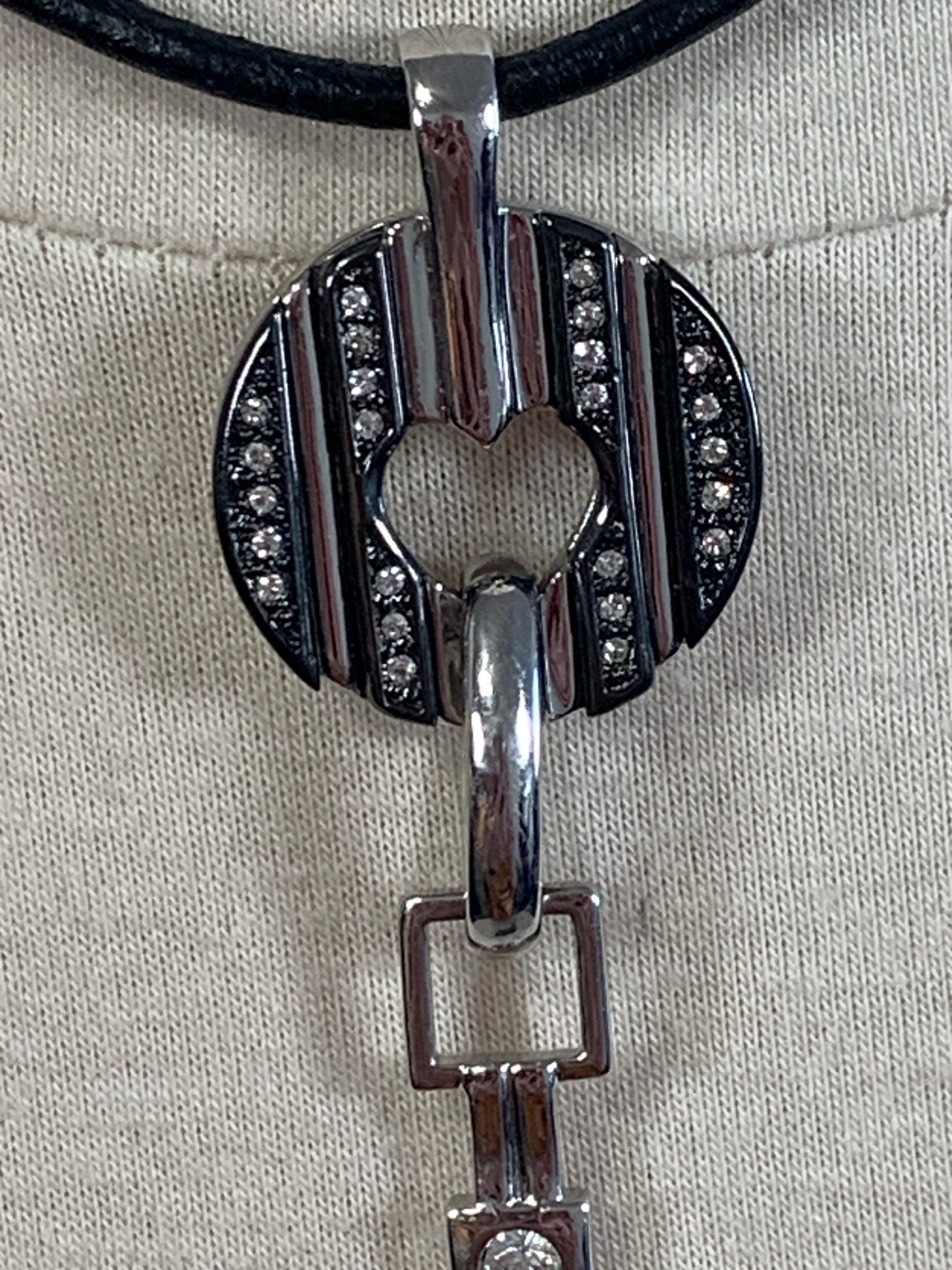 Vintage Handmade Choker Hippie Necklace, Lobster, Clasp, Silver/Black/Rhinestone Pendant, Costume Jewelry